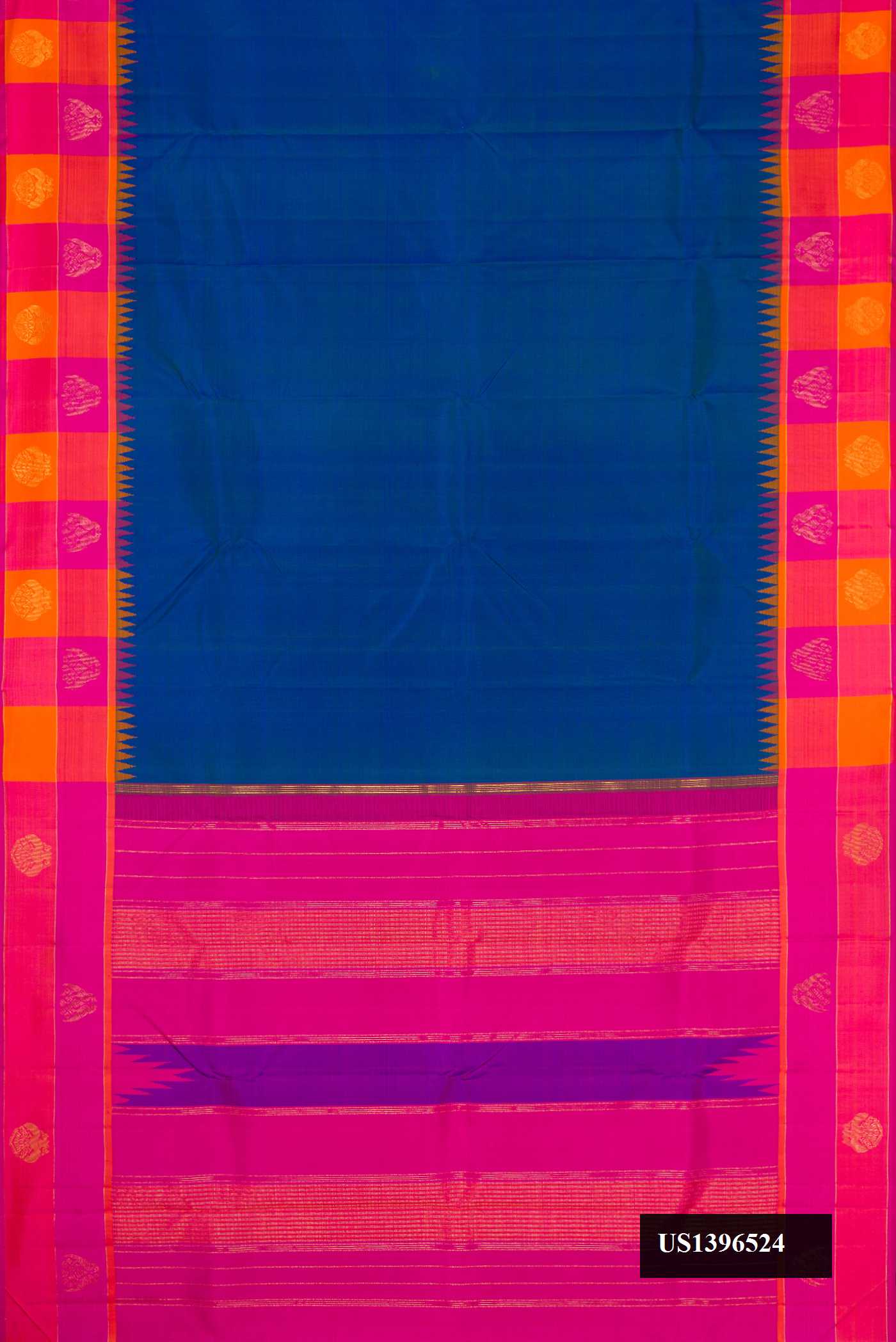 Peacock Blue Dual Tone Kanchipuram Silk Saree with Plain Body and Checks Border.  displayed on a mannequin