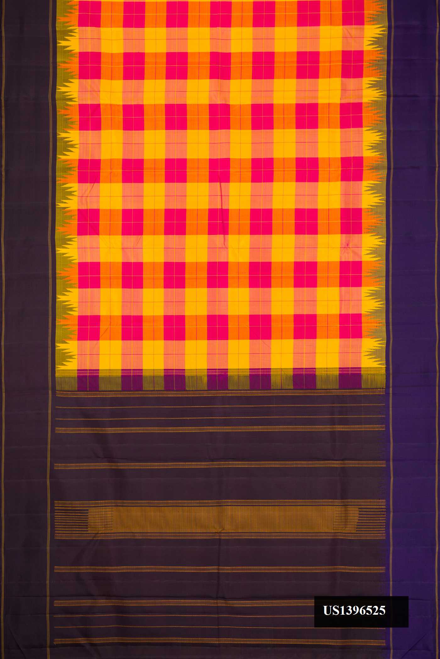 Pink and Yellow Dual Tone Kanchipuram Silk Saree with Checked design on the body and Zari Border.  displayed on a mannequin