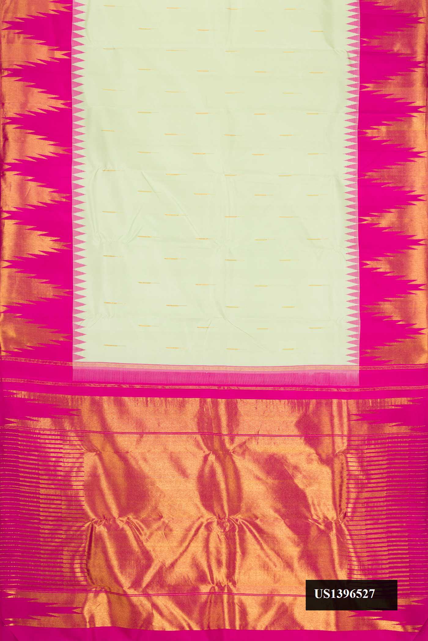 Pista Green Dual Tone Kanchipuram Silk Saree with Zari Butta on the body and Temple Border.  displayed on a mannequin