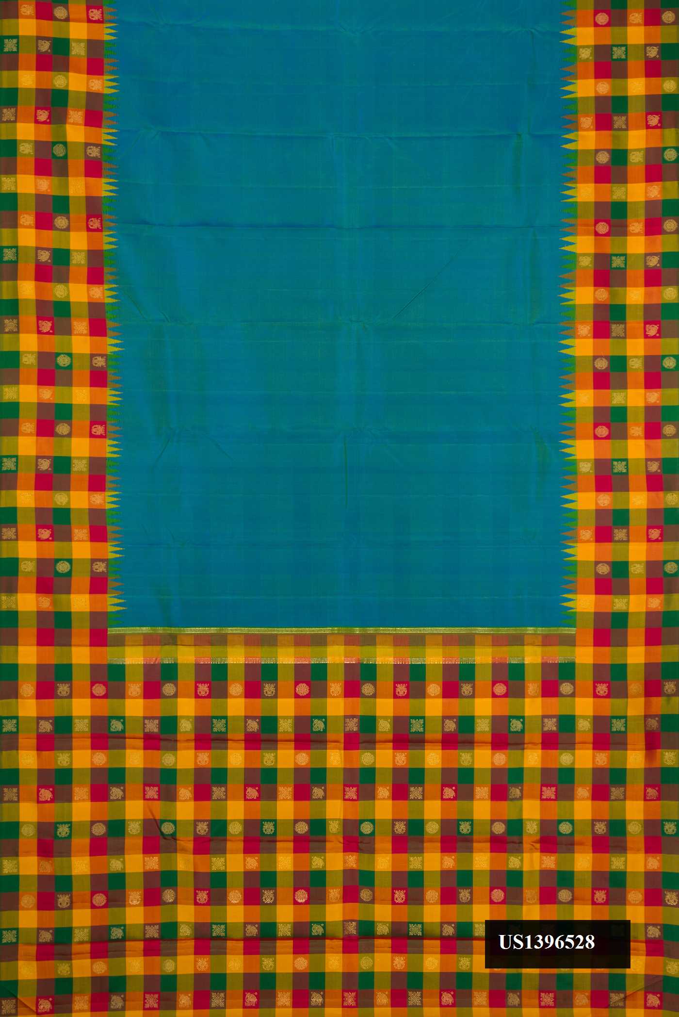 Peacock Blue Dual Tone Kanchipuram Silk Saree with Plain Body and Checks Border.  displayed on a mannequin