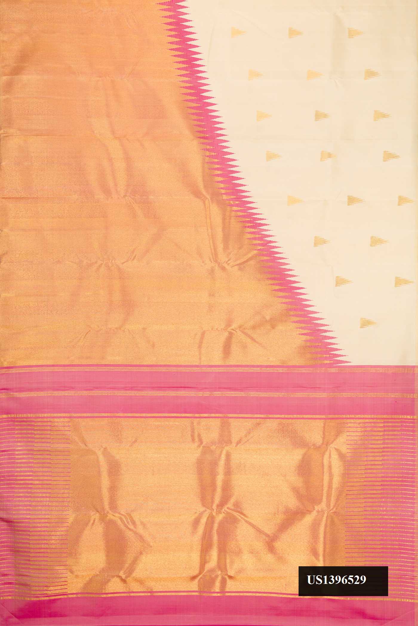 Sandal Dual Tone Kanchipuram Silk Saree with Zari Butta on the body and Rising Temple Border.  displayed on a mannequin