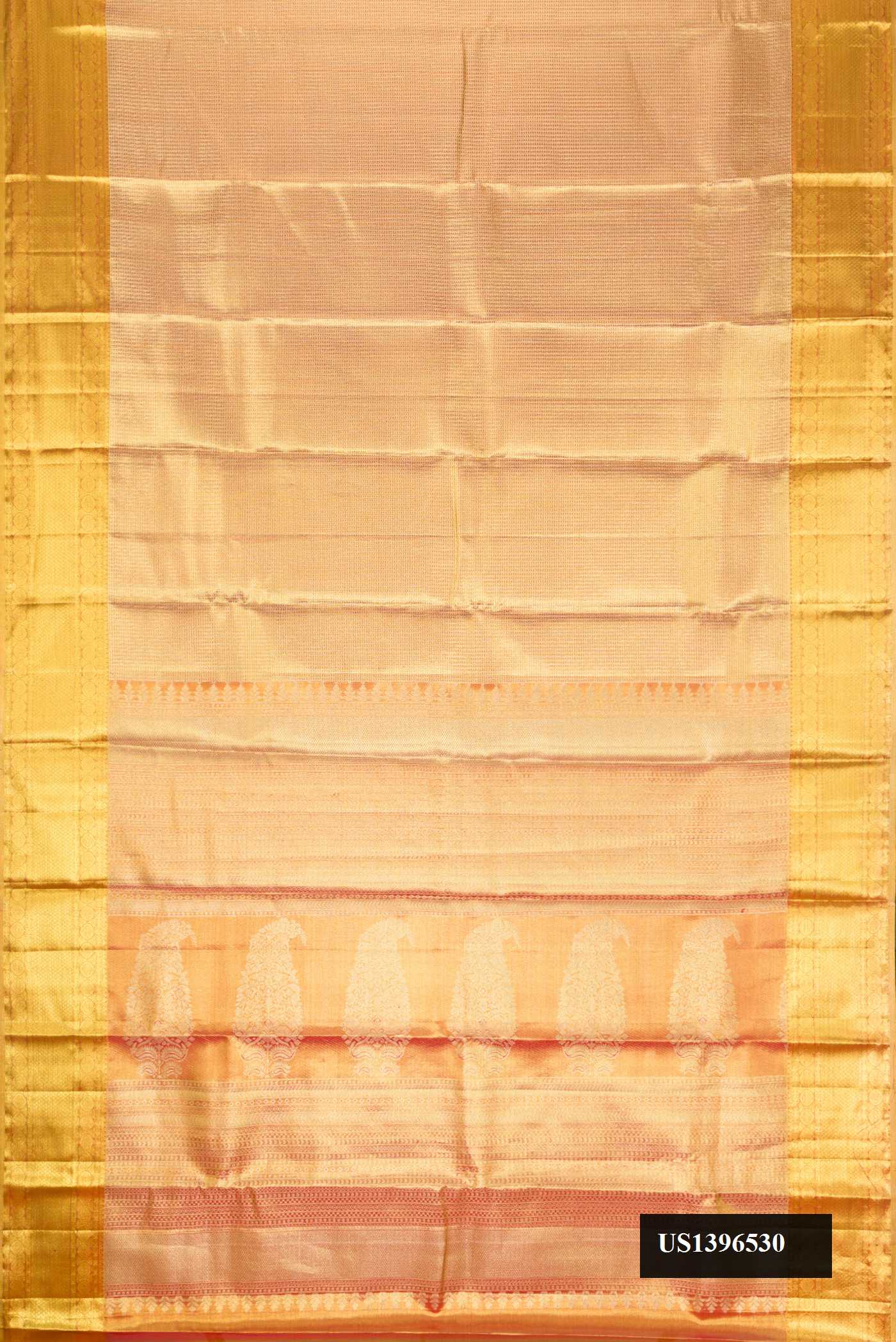 Gold Dual Tone Kanchipuram Tissue Silk Saree with Zari Brocade on the body and Zari Border.  displayed on a mannequin