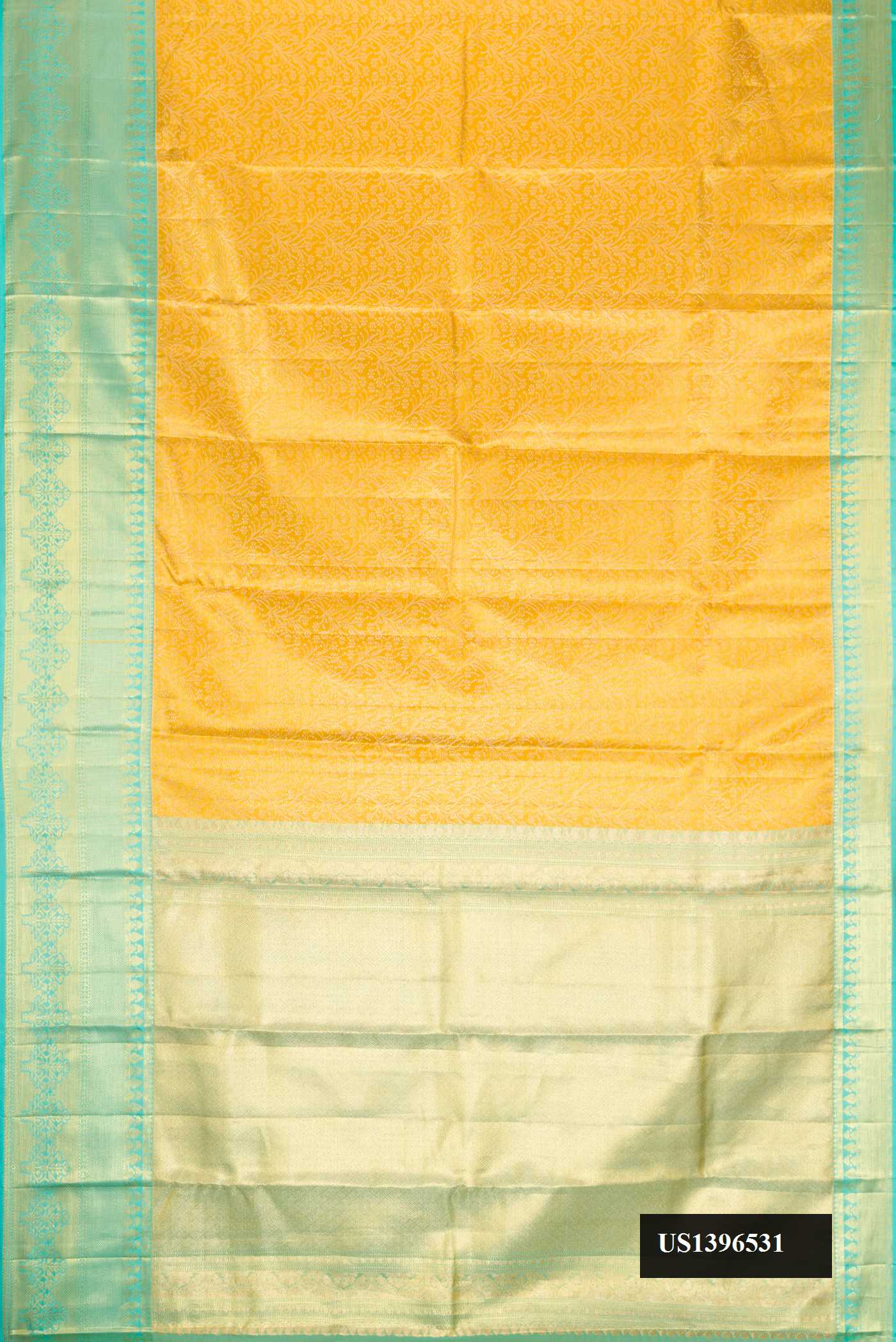 Gold Dual Tone Kanchipuram Tissue Silk Saree with Zari Brocade on the body and Zari Border.  displayed on a mannequin