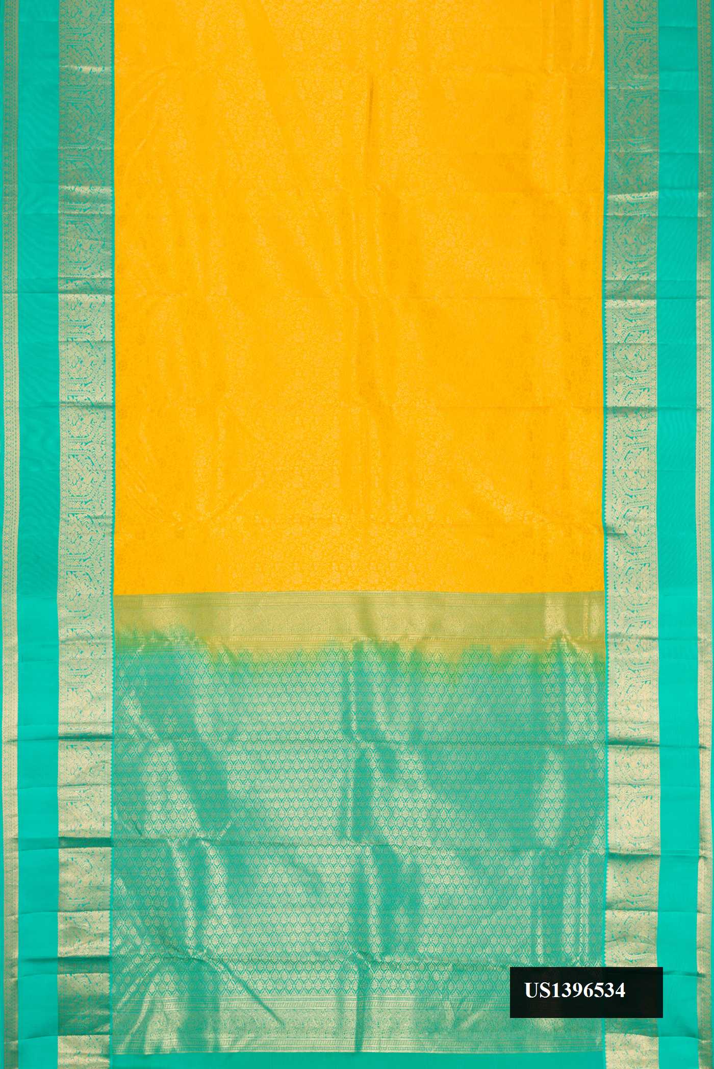 Yellow Dual Tone Kanchipuram Silk Saree with Zari Brocade on the body and Zari Border.  displayed on a mannequin