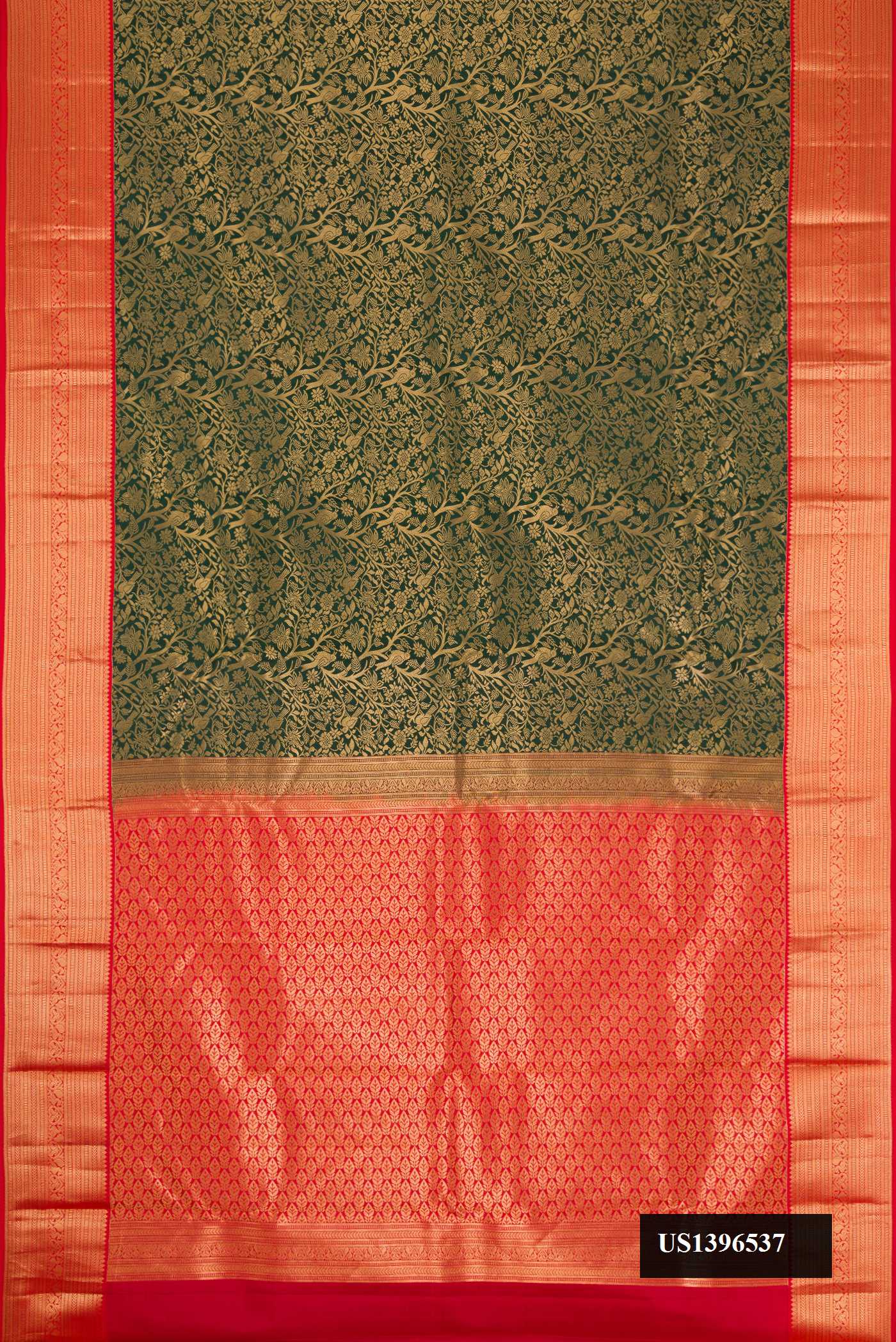 Green Dual Tone Kanchipuram Silk Saree with Zari Brocade on the body and Zari Border.  displayed on a mannequin