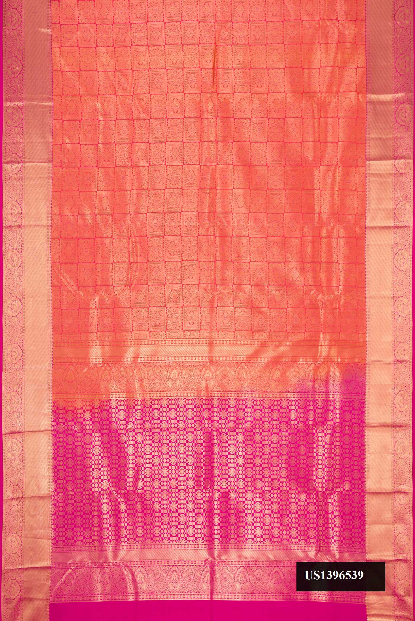 Orange Dual Tone Kanchipuram Silk Saree with Zari Brocade on the body and Zari Border.  displayed on a mannequin