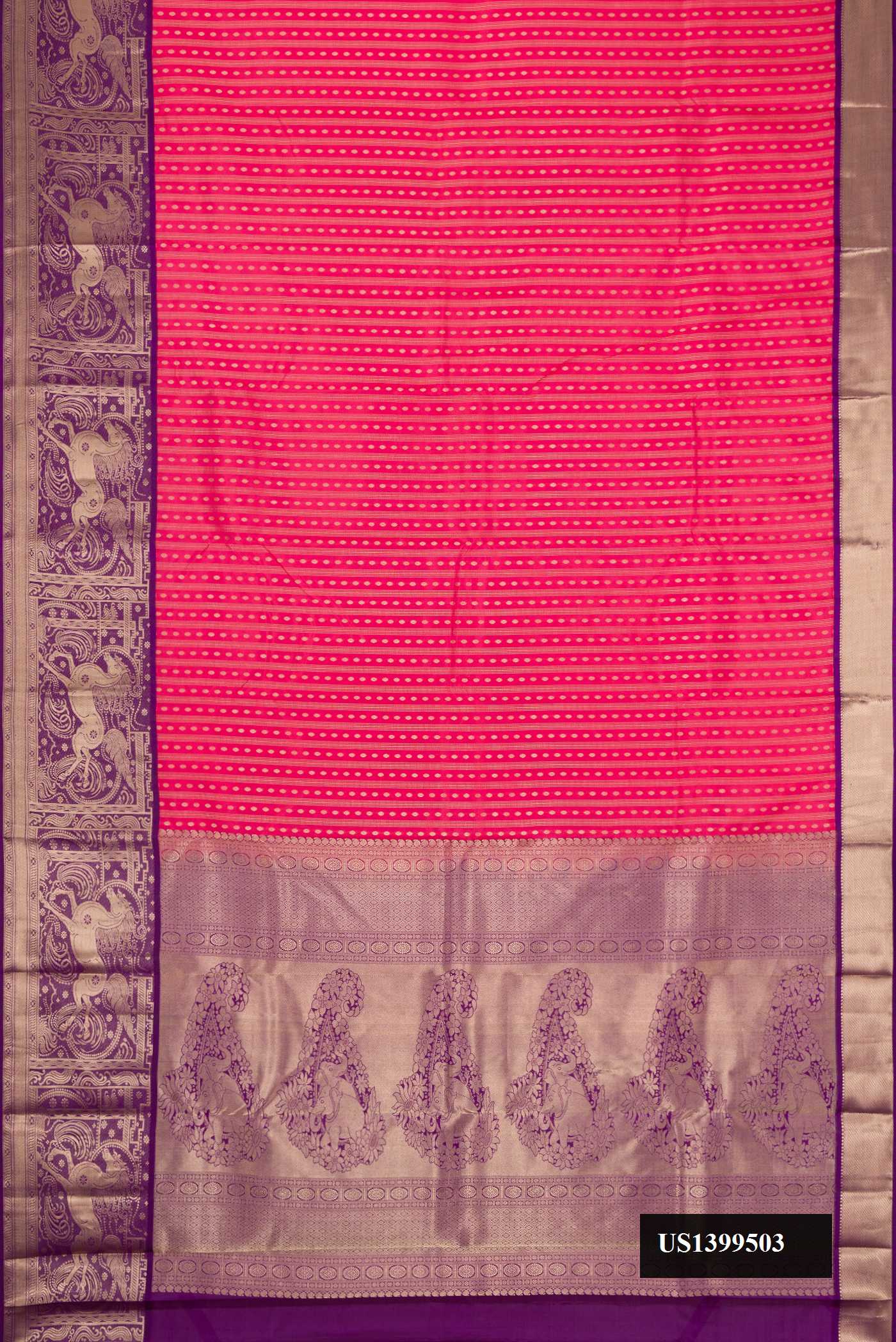 Peach Dual Tone Kanchipuram Silk Saree with Zari Butta on the body and Zari Border.  displayed on a mannequin