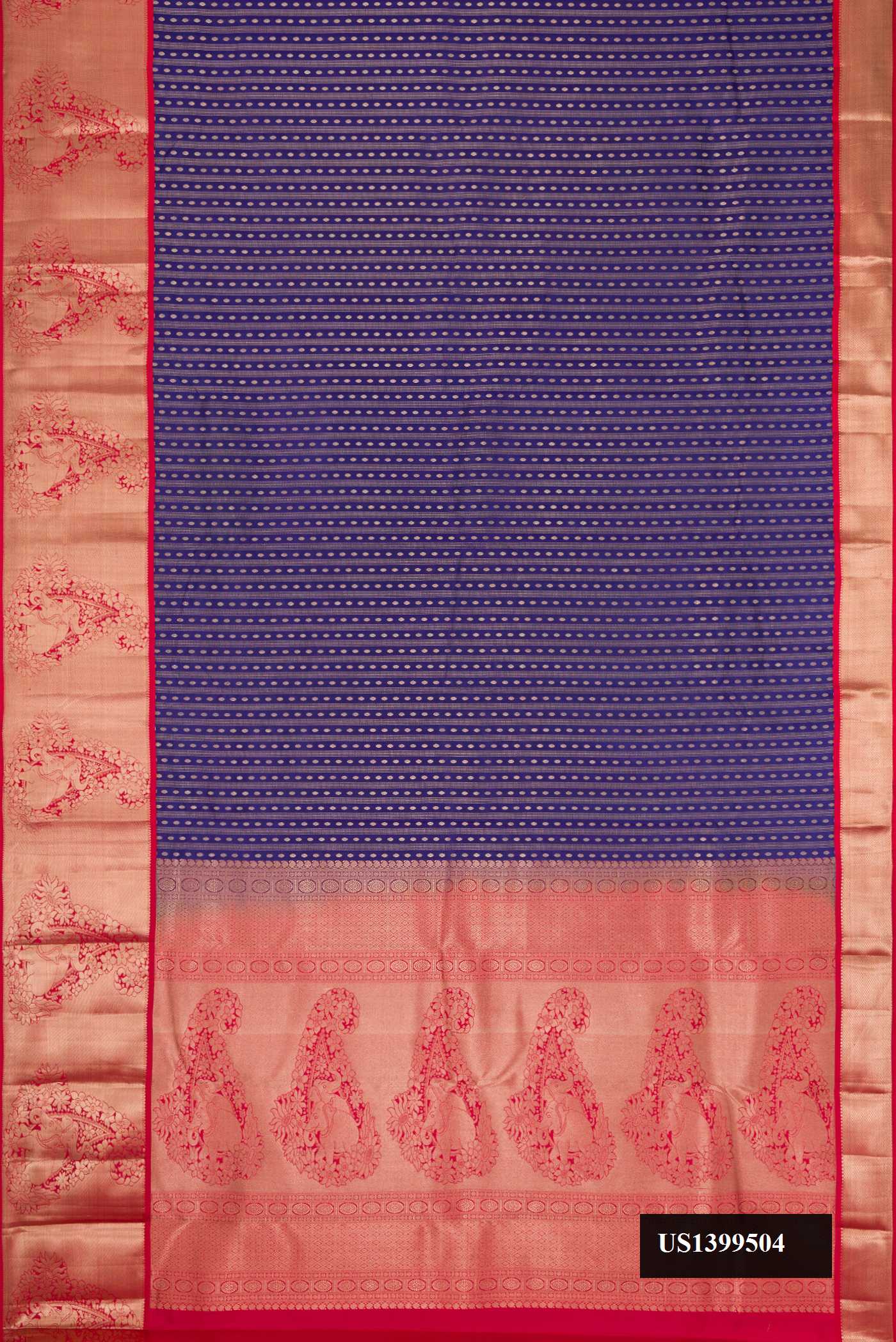 Navy Blue Dual Tone Kanchipuram Silk Saree with Zari Butta on the body and Zari Border.  displayed on a mannequin
