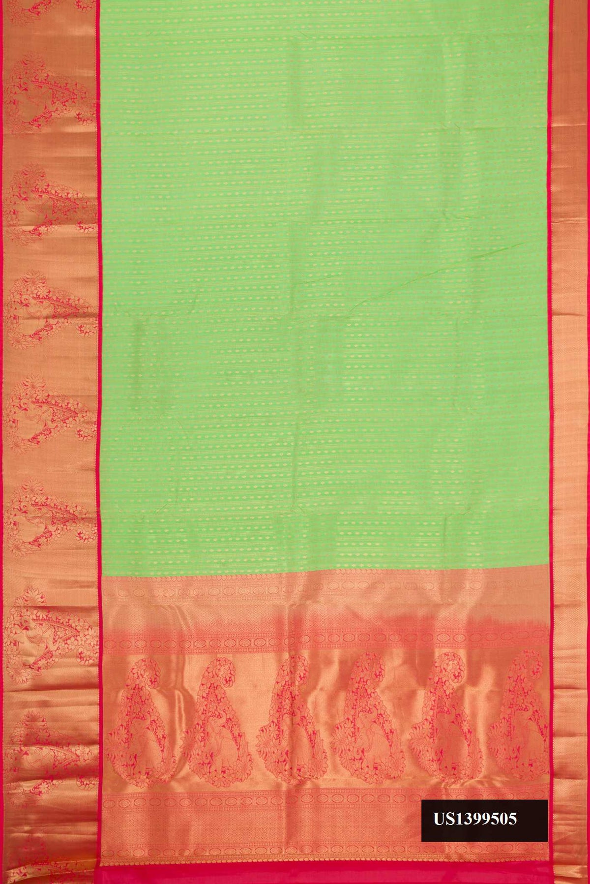 Parrot Green Dual Tone Kanchipuram Silk Saree with Zari Butta on the body and Zari Border.  displayed on a mannequin