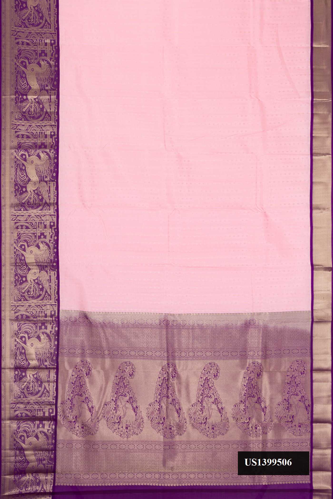 Pink Dual Tone Kanchipuram Silk Saree with Zari Butta on the body and Zari Border.  displayed on a mannequin