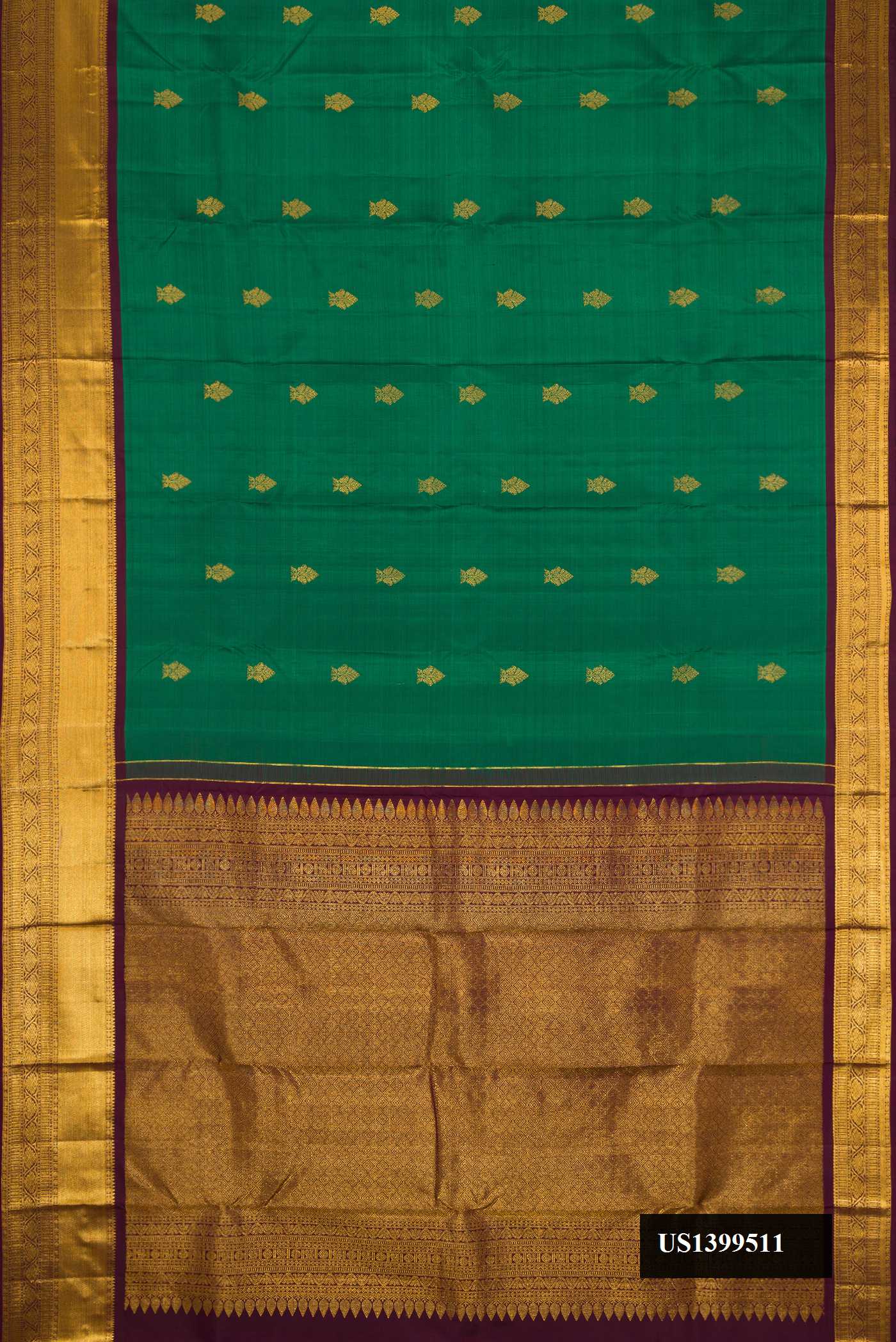 Bottle Green Dual Tone Kanchipuram Silk Saree with Zari Butta on the body and Zari Border.  displayed on a mannequin