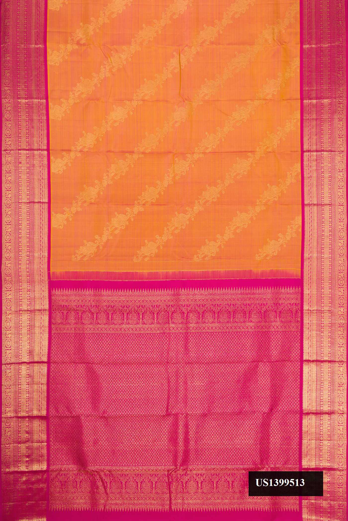 Mustard Dual Tone Kanchipuram Silk Saree with Zari Butta on the body and Zari Border.  displayed on a mannequin