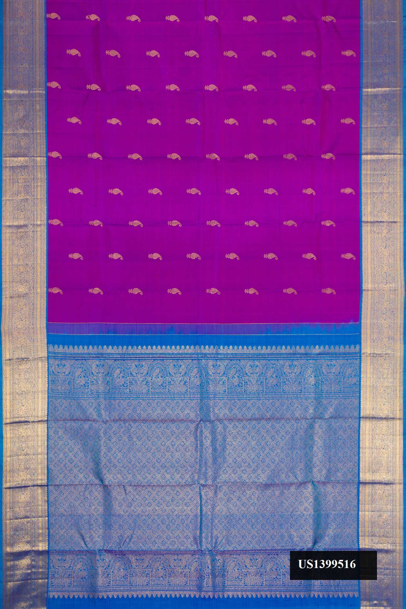 Purple Dual Tone Kanchipuram Silk Saree with Zari Butta on the body and Zari Border.  displayed on a mannequin