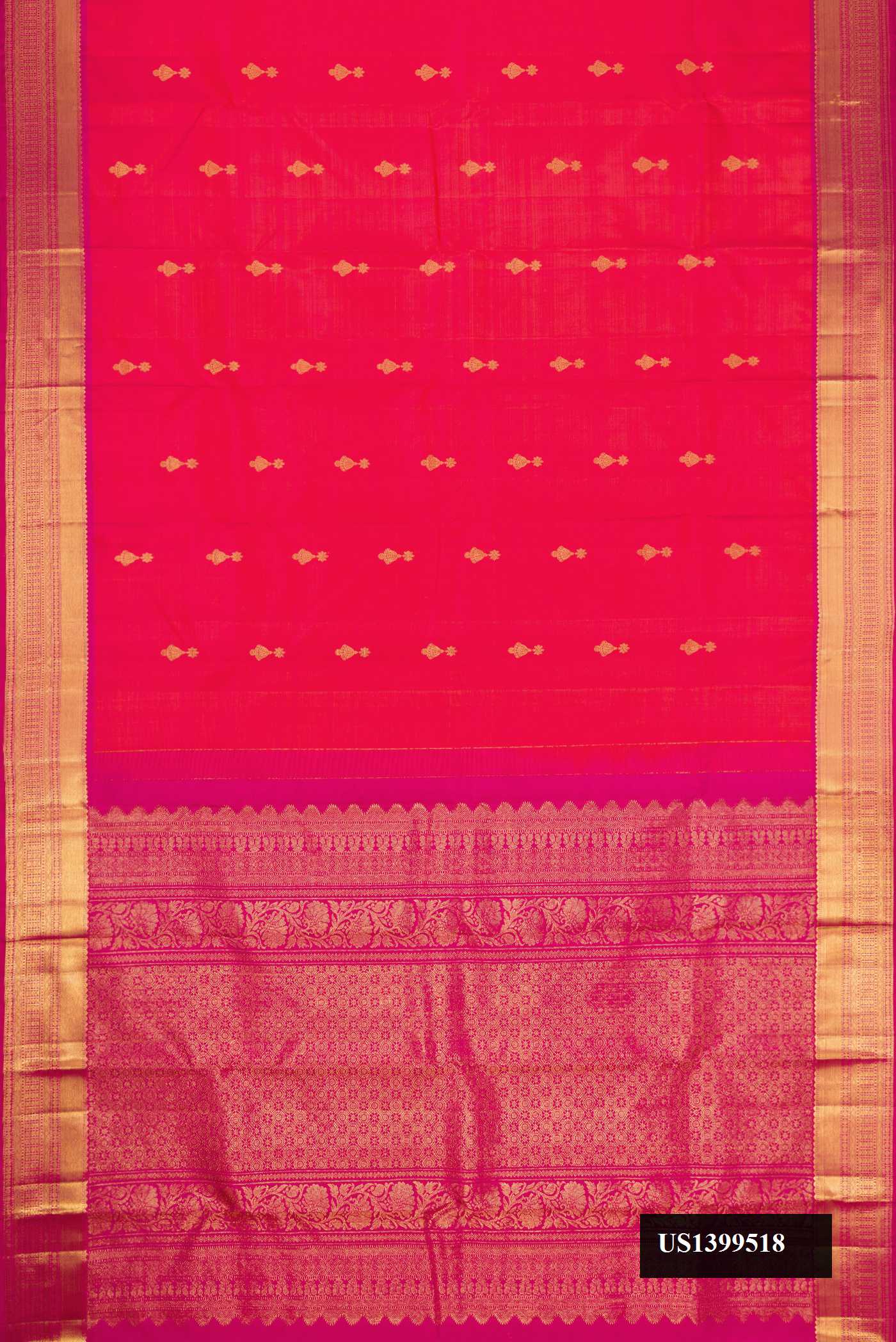 Peach Dual Tone Kanchipuram Silk Saree with Zari Butta on the body and Zari Border.  displayed on a mannequin