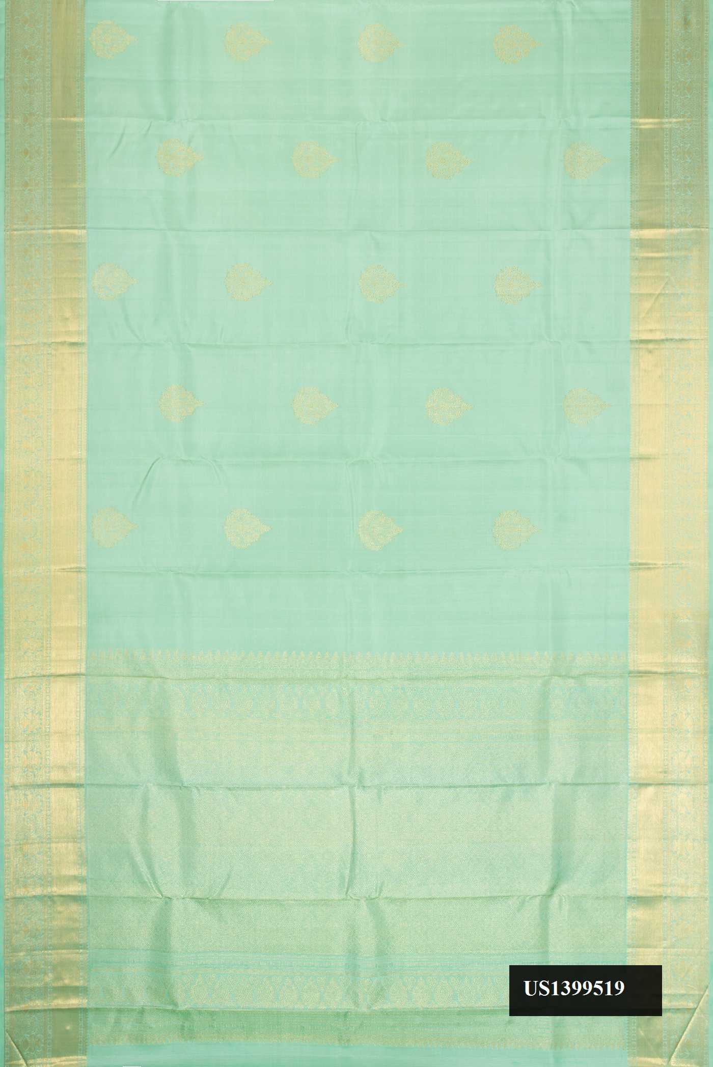 Sea Green Dual Tone Kanchipuram Silk Saree with Zari Butta on the body and Zari Border.  displayed on a mannequin