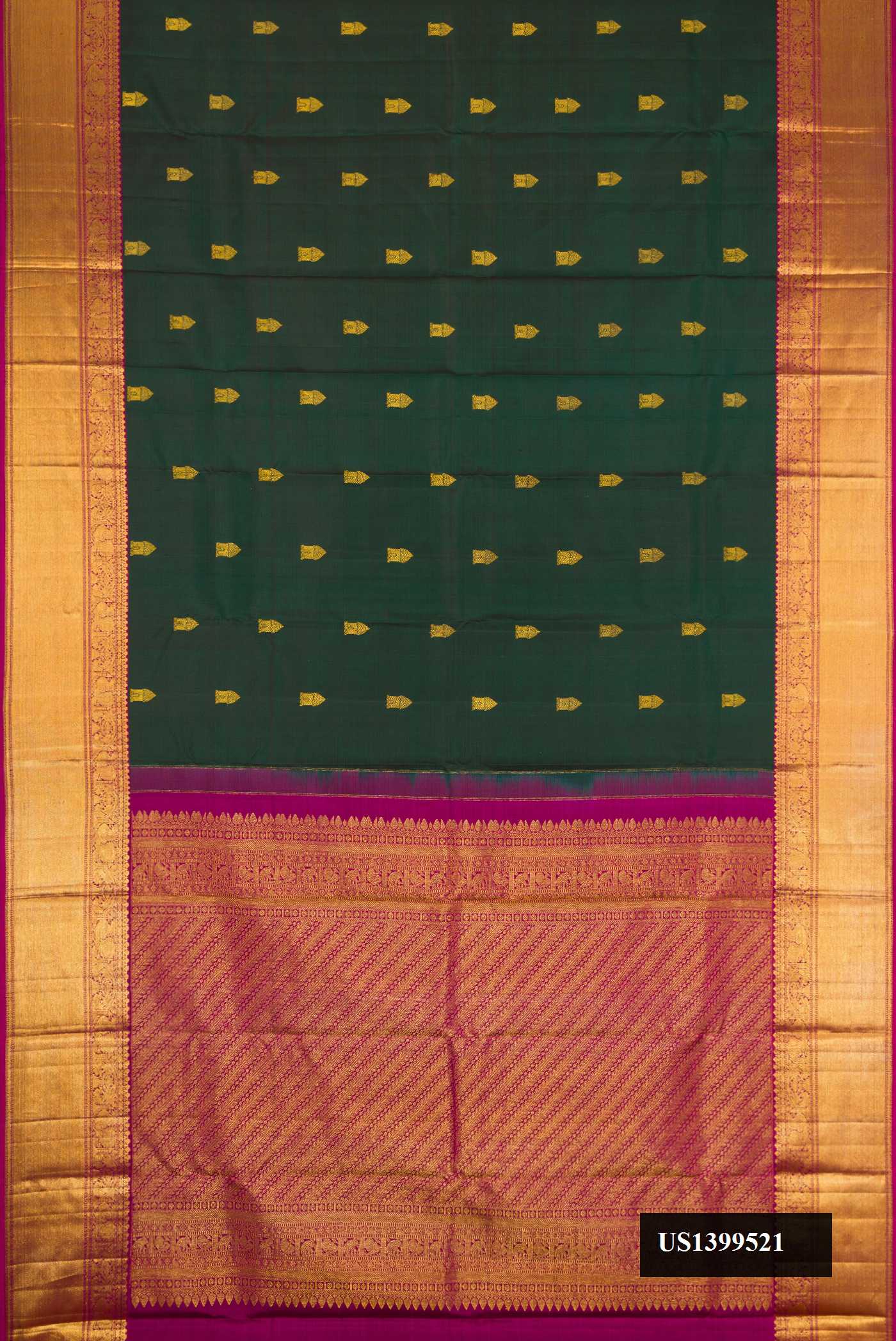 Bottle Green Dual Tone Kanchipuram Silk Saree with Zari Butta on the body and Zari Border.  displayed on a mannequin