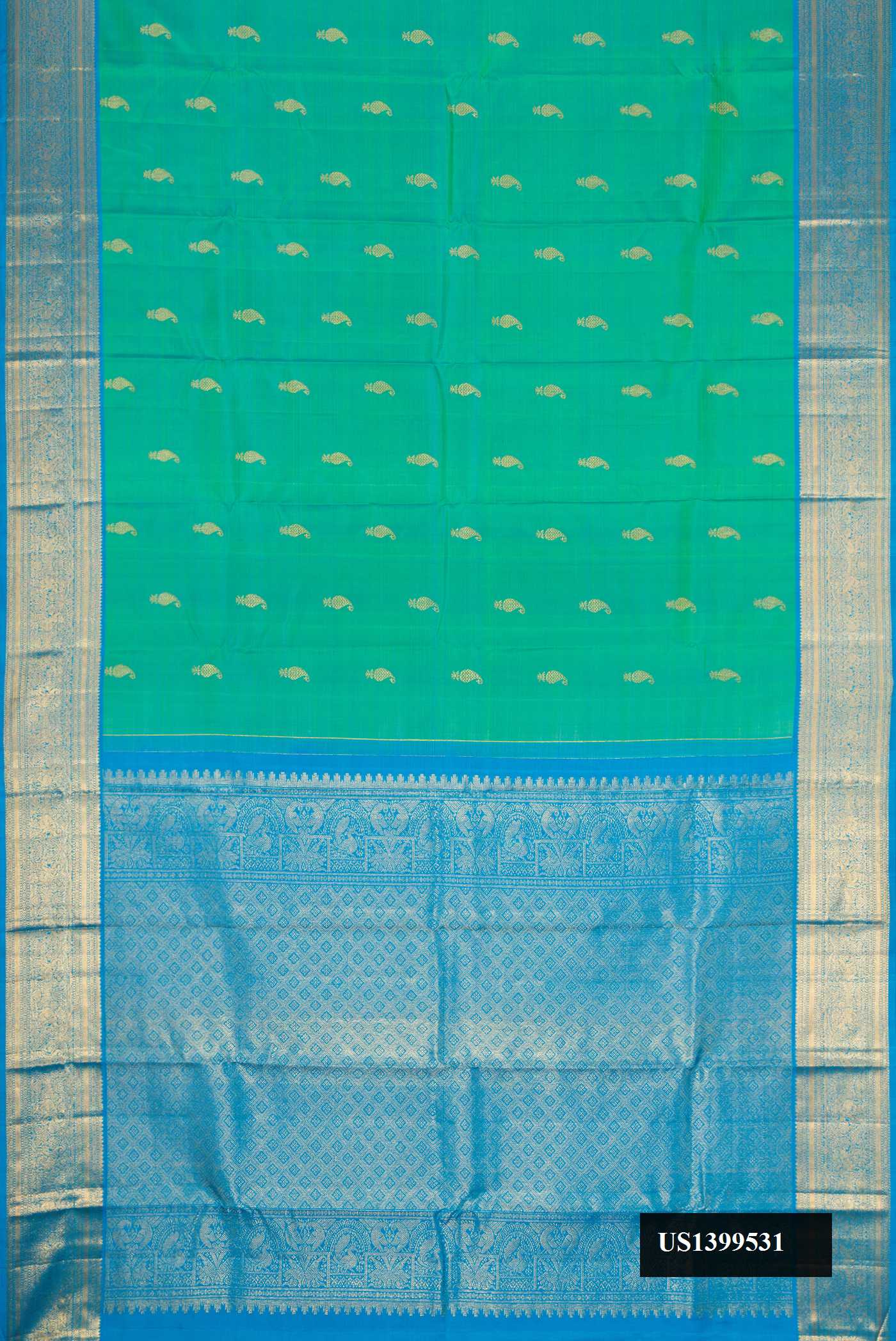 Sea Green Dual Tone Kanchipuram Silk Saree with Zari Butta on the body and Zari Border.  displayed on a mannequin