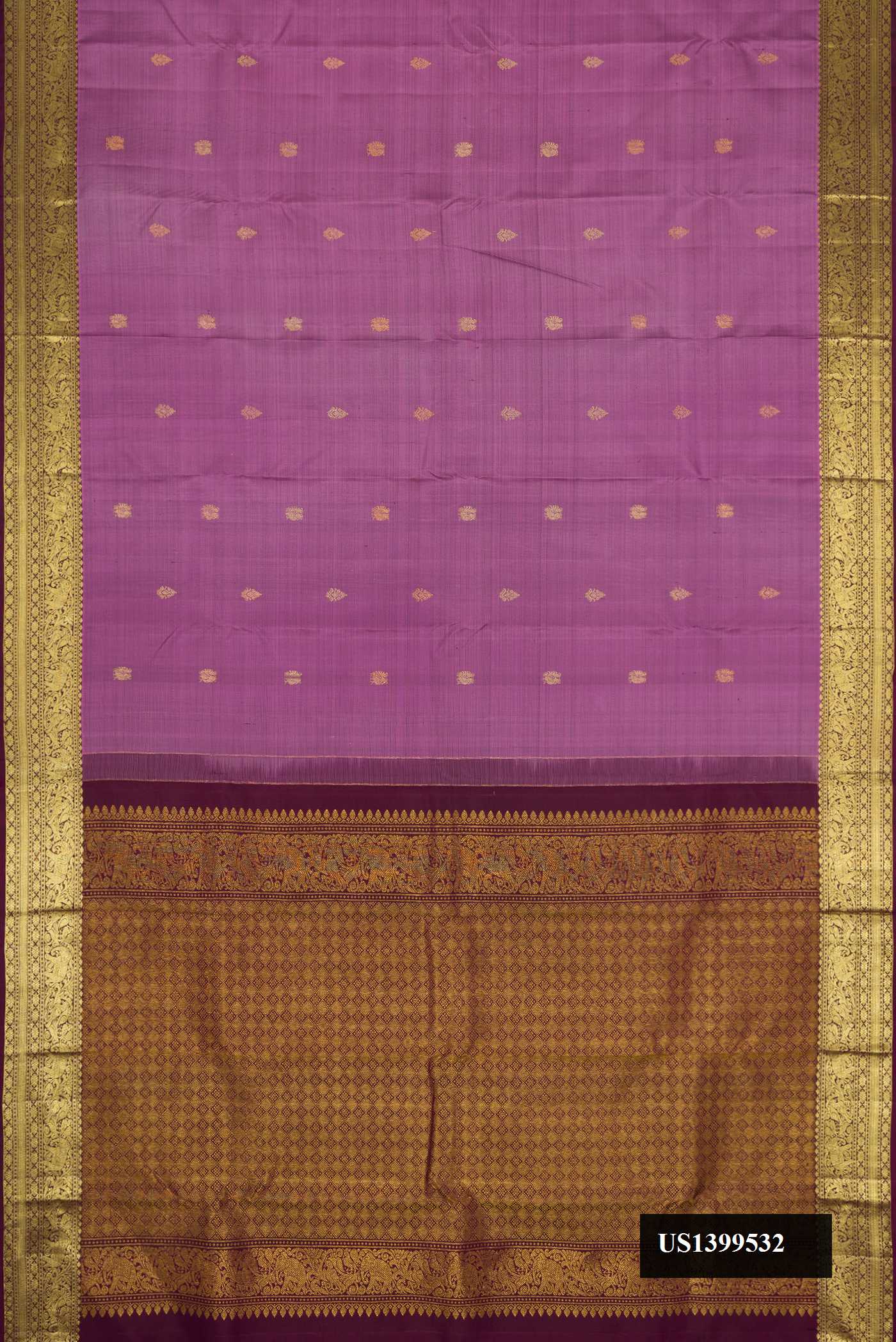 Lavender Dual Tone Kanchipuram Silk Saree with Zari Butta on the body and Zari Border.  displayed on a mannequin