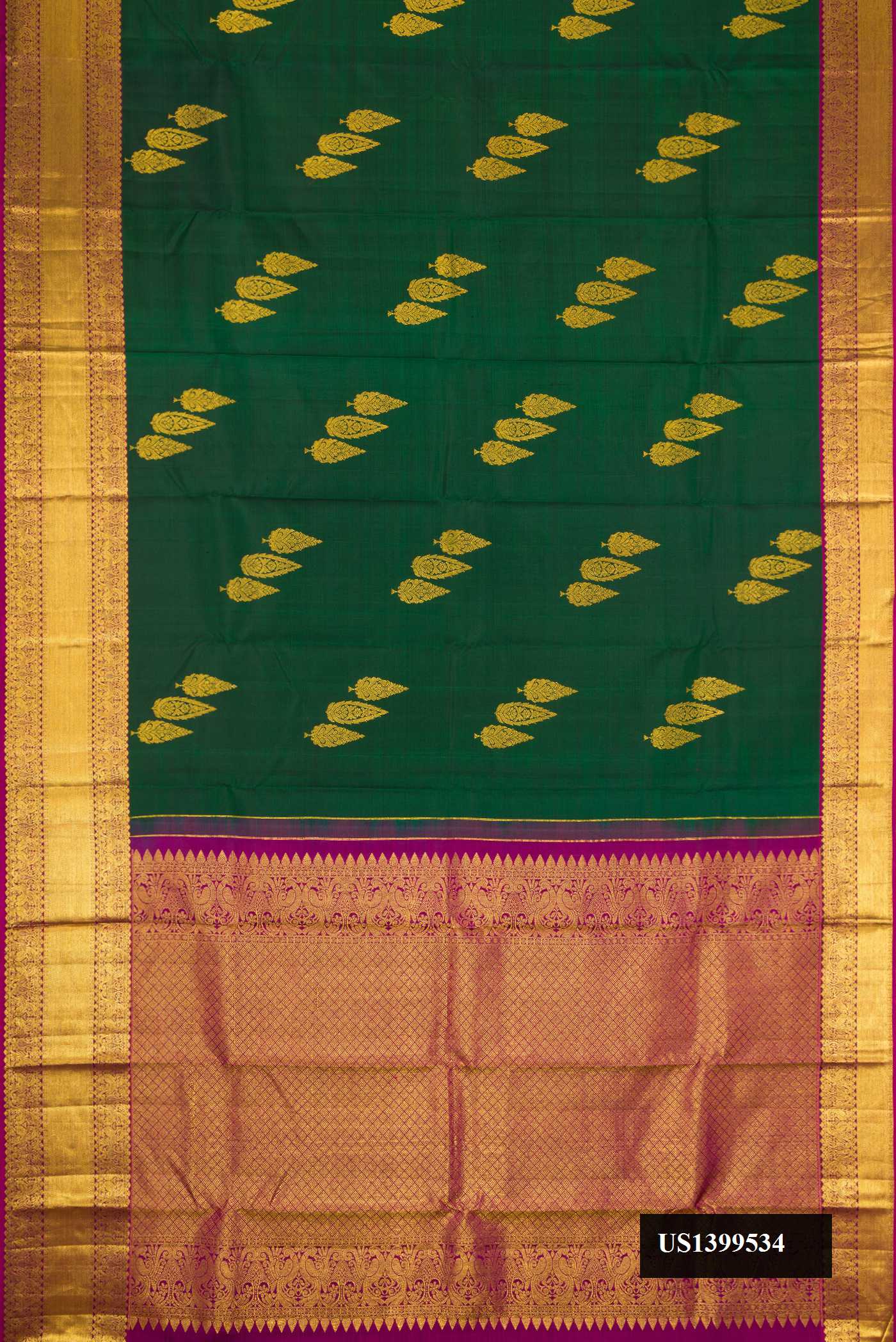 Green Dual Tone Kanchipuram Silk Saree with Zari Butta on the body and Zari Border.  displayed on a mannequin