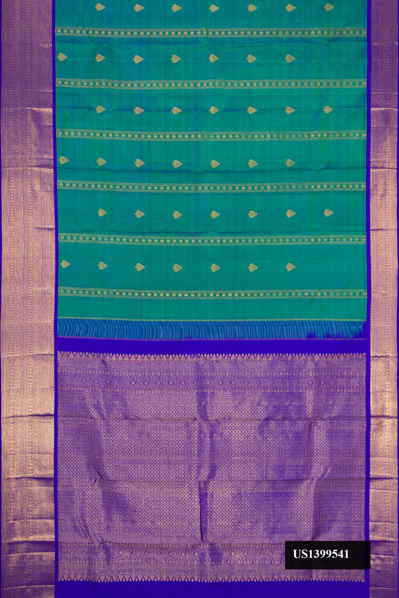Green Dual Tone Kanchipuram Silk Saree with Zari Butta on the body and Zari Border.  displayed on a mannequin