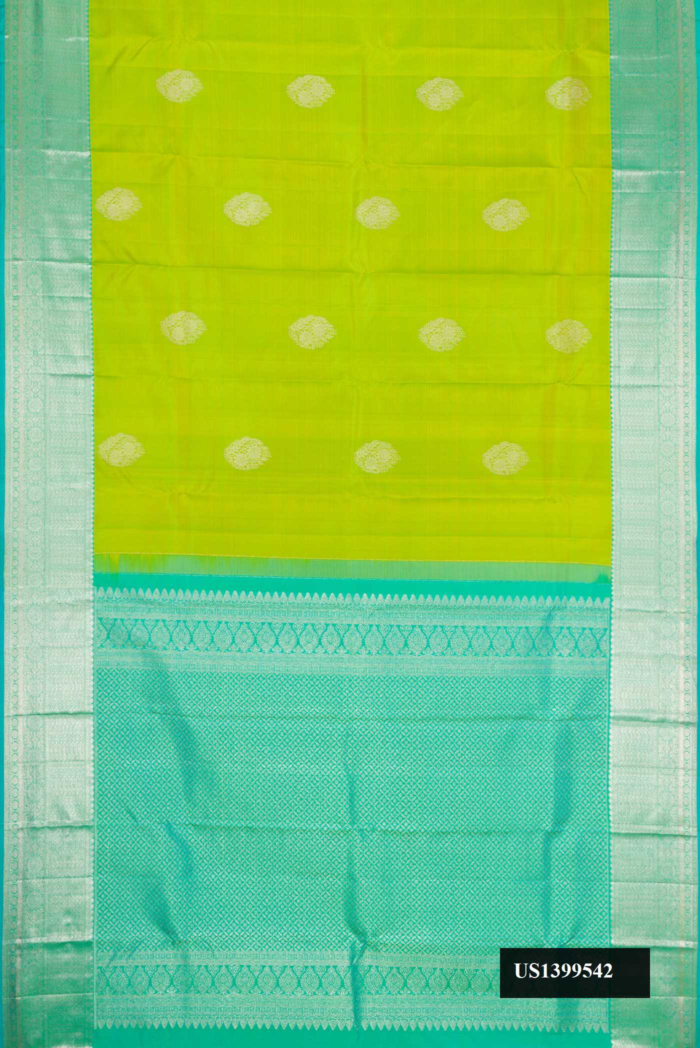 Parrot Green Dual Tone Kanchipuram Silk Saree with Zari Butta on the body and Zari Border.  displayed on a mannequin
