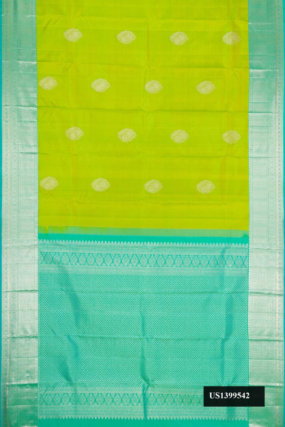 Parrot Green Dual Tone Kanchipuram Silk Saree with Zari Butta on the body and Zari Border.  displayed on a mannequin