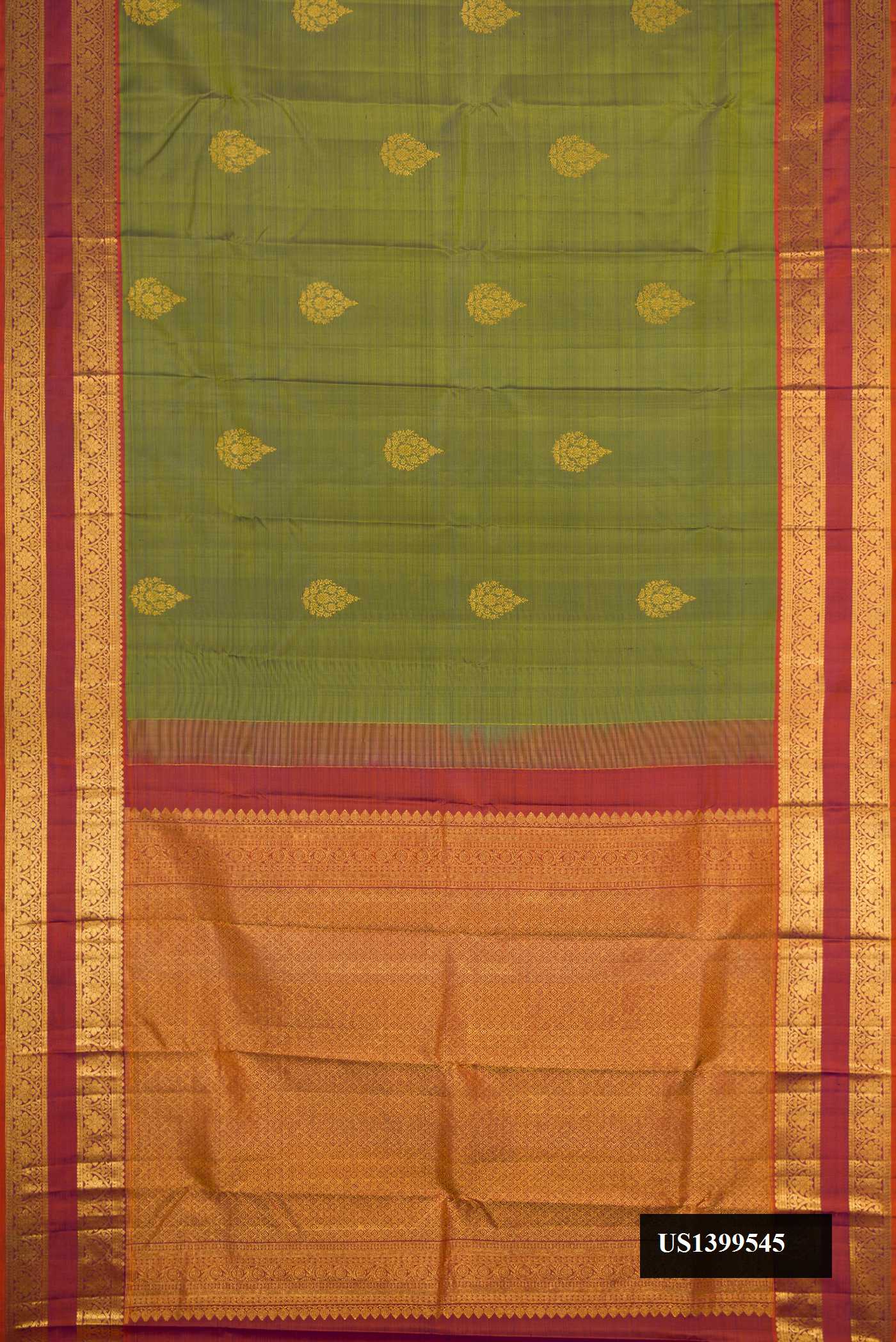 Mehandi Green Dual Tone Kanchipuram Silk Saree with Zari Butta on the body and Zari Border.  displayed on a mannequin