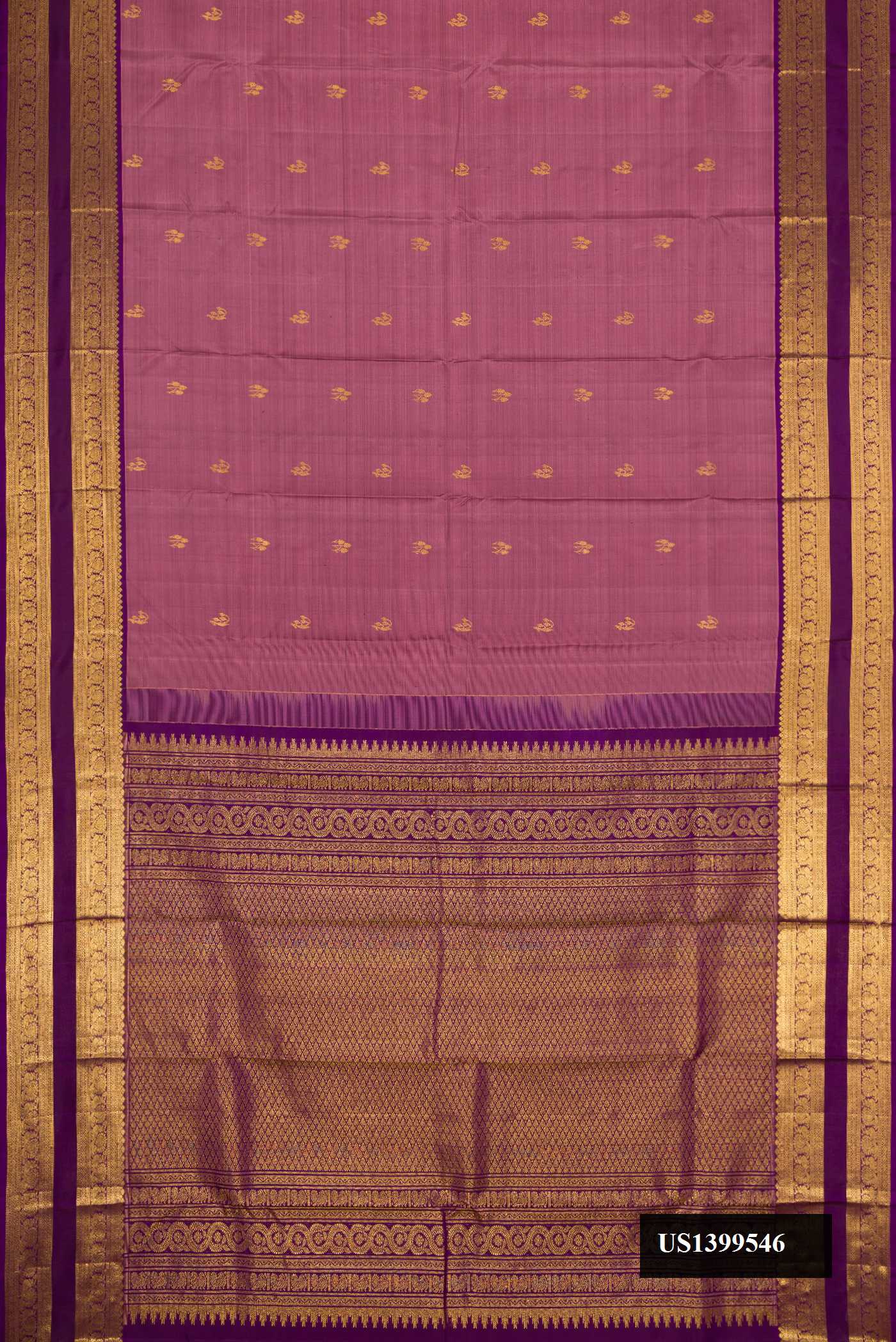 Rose Gold Dual Tone Kanchipuram Silk Saree with Zari Butta on the body and Zari Border.  displayed on a mannequin