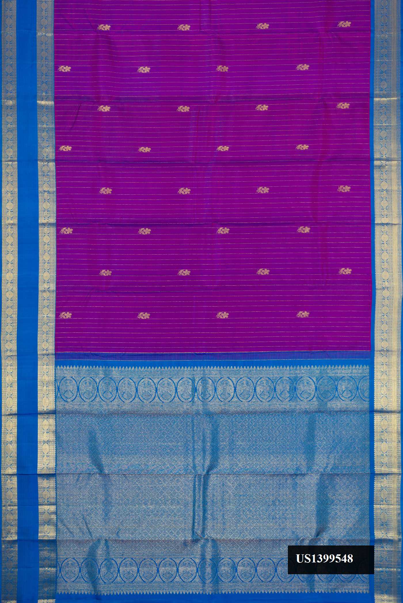 Purple Dual Tone Kanchipuram Silk Saree with Stripes on the body and Zari Border.  displayed on a mannequin