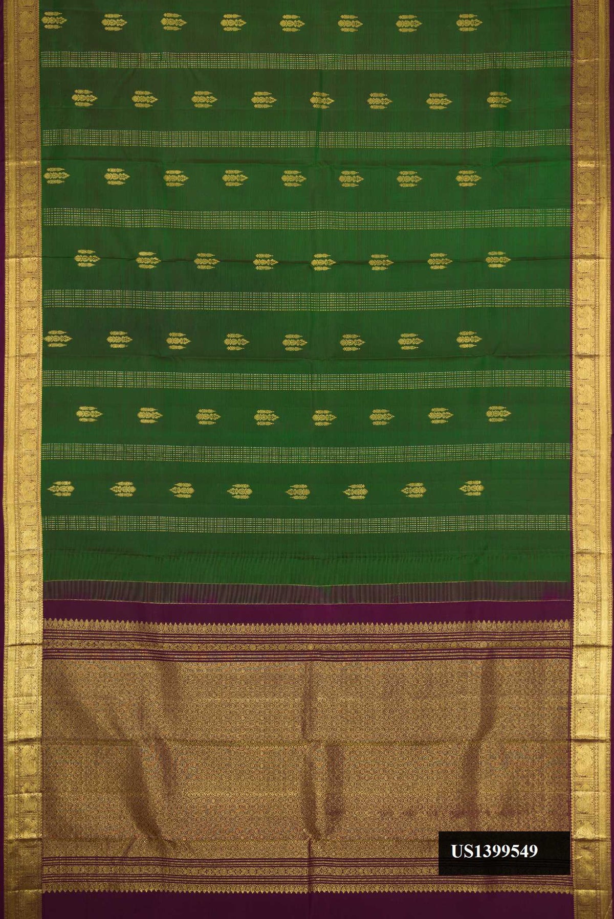 Green Dual Tone Kanchipuram Silk Saree with Zari Butta on the body and Zari Border.  displayed on a mannequin