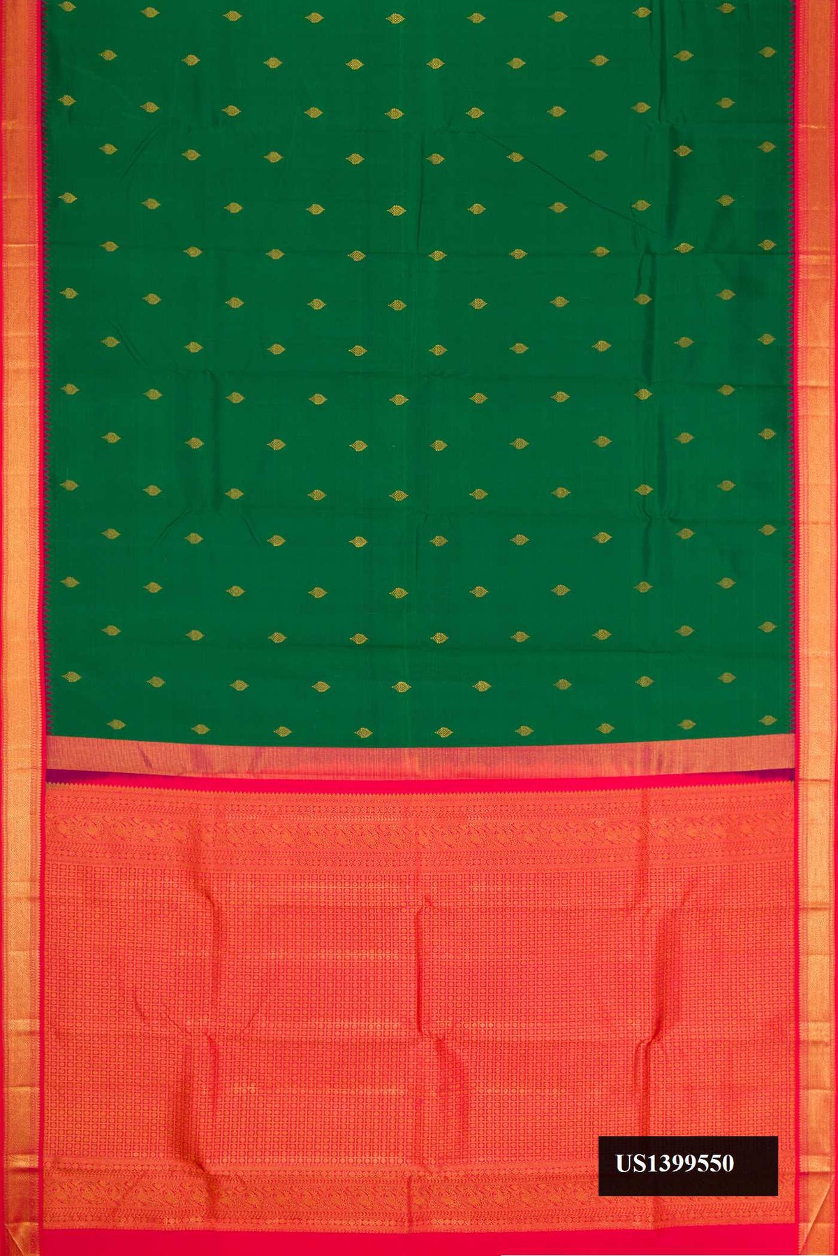 Green Dual Tone Kanchipuram Silk Saree with Zari Butta on the body and Zari Border.  displayed on a mannequin
