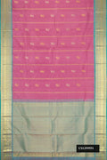 Rose pink Dual Tone Kanchipuram Silk Saree with Zari Butta on the body and Zari Border.  displayed on a mannequin