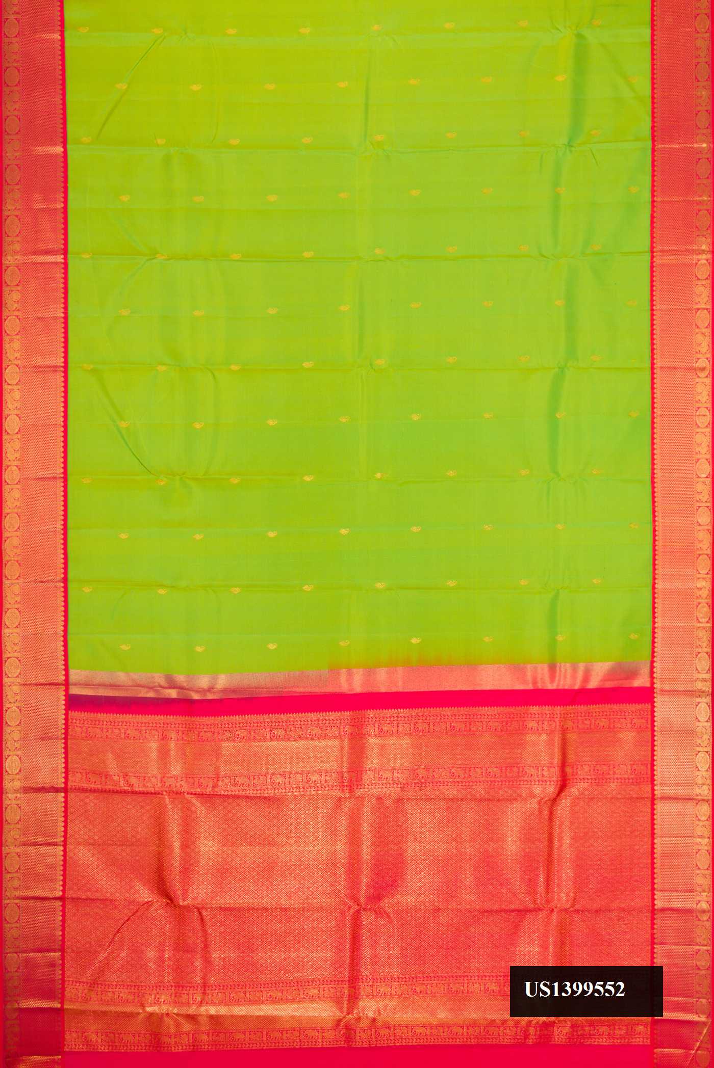 Parrot Green Dual Tone Kanchipuram Silk Saree with Zari Butta on the body and Zari Border.  displayed on a mannequin