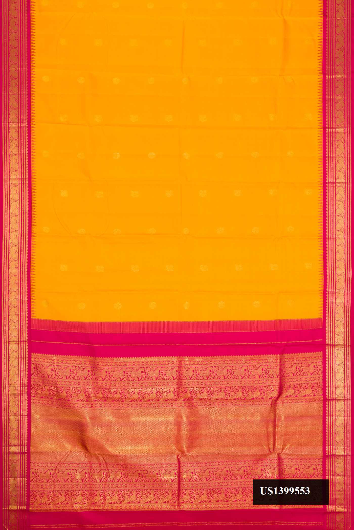 Mustard Dual Tone Kanchipuram Silk Saree with Zari Butta on the body and Zari Border.  displayed on a mannequin