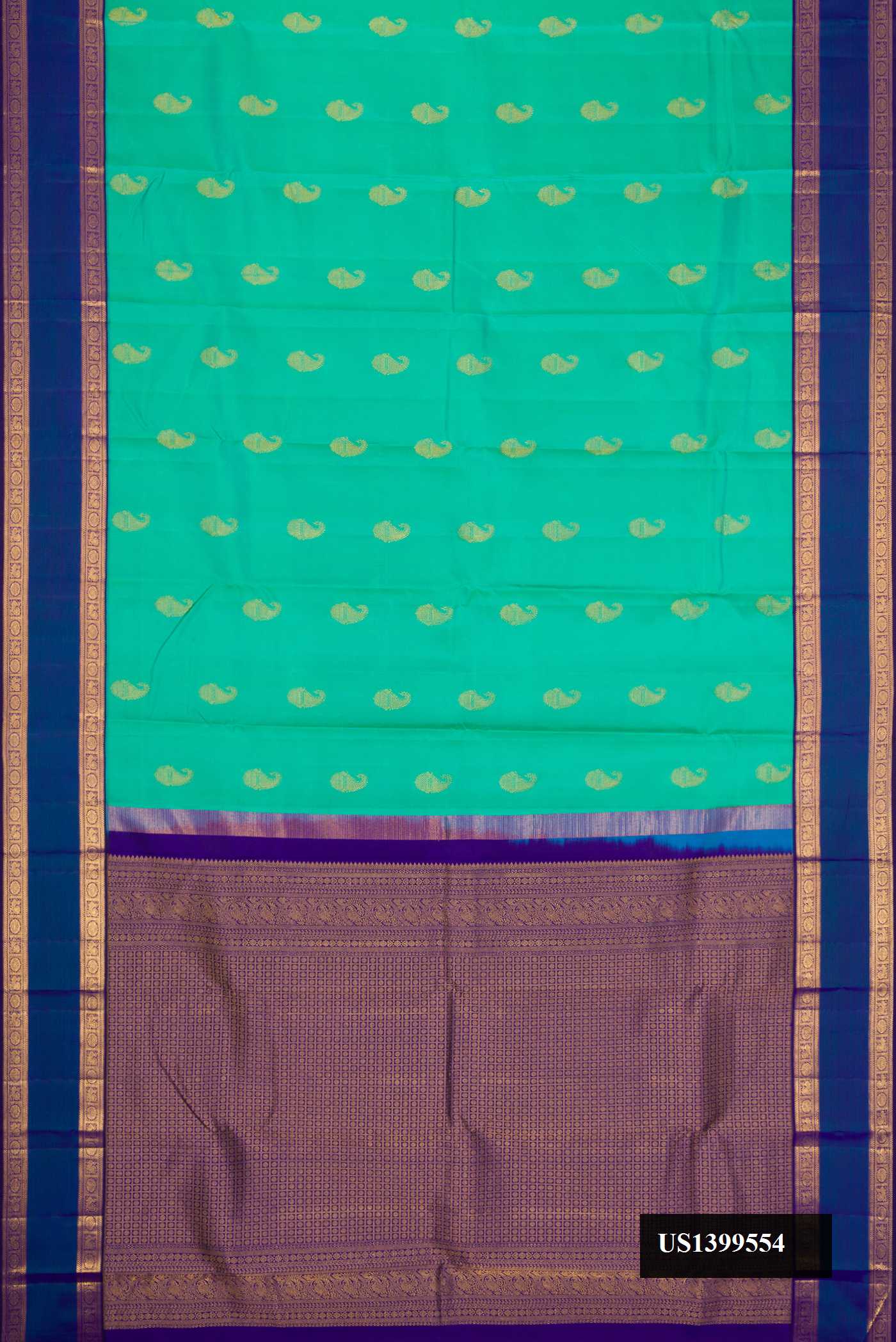 Sea Green Dual Tone Kanchipuram Silk Saree with Zari Butta on the body and Zari Border.  displayed on a mannequin