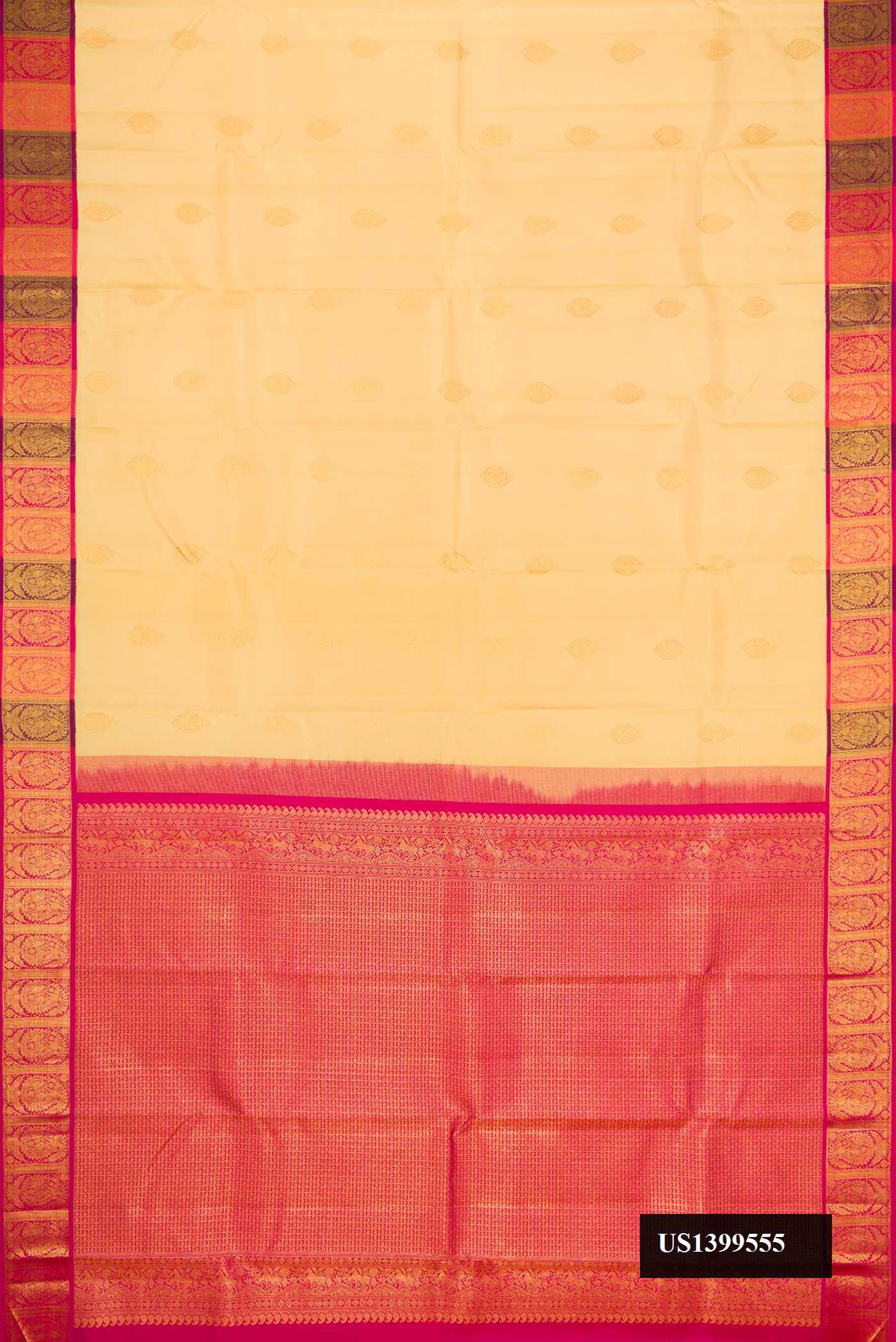 Cream Dual Tone Kanchipuram Silk Saree with Zari Butta on the body and Zari Border.  displayed on a mannequin