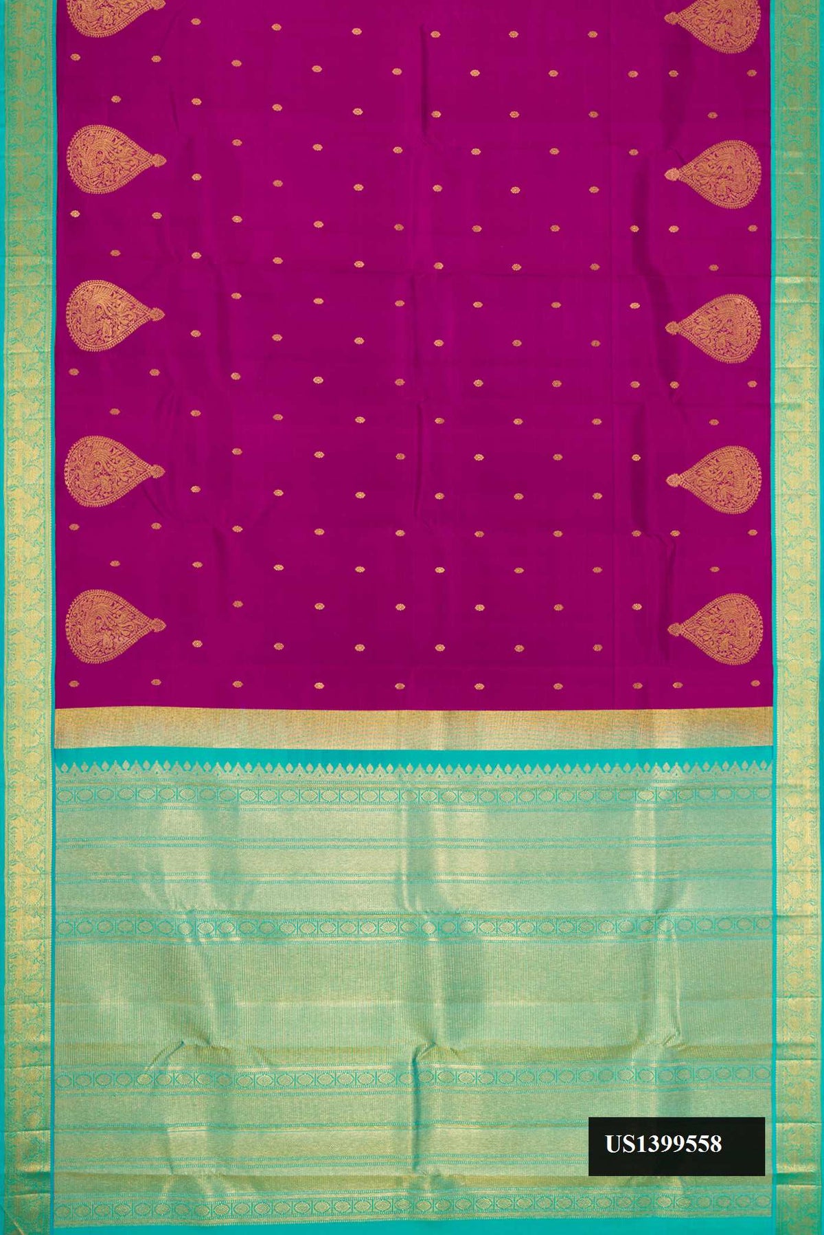 Purple Dual Tone Kanchipuram Silk Saree with Zari Butta on the body and Zari Border.  displayed on a mannequin