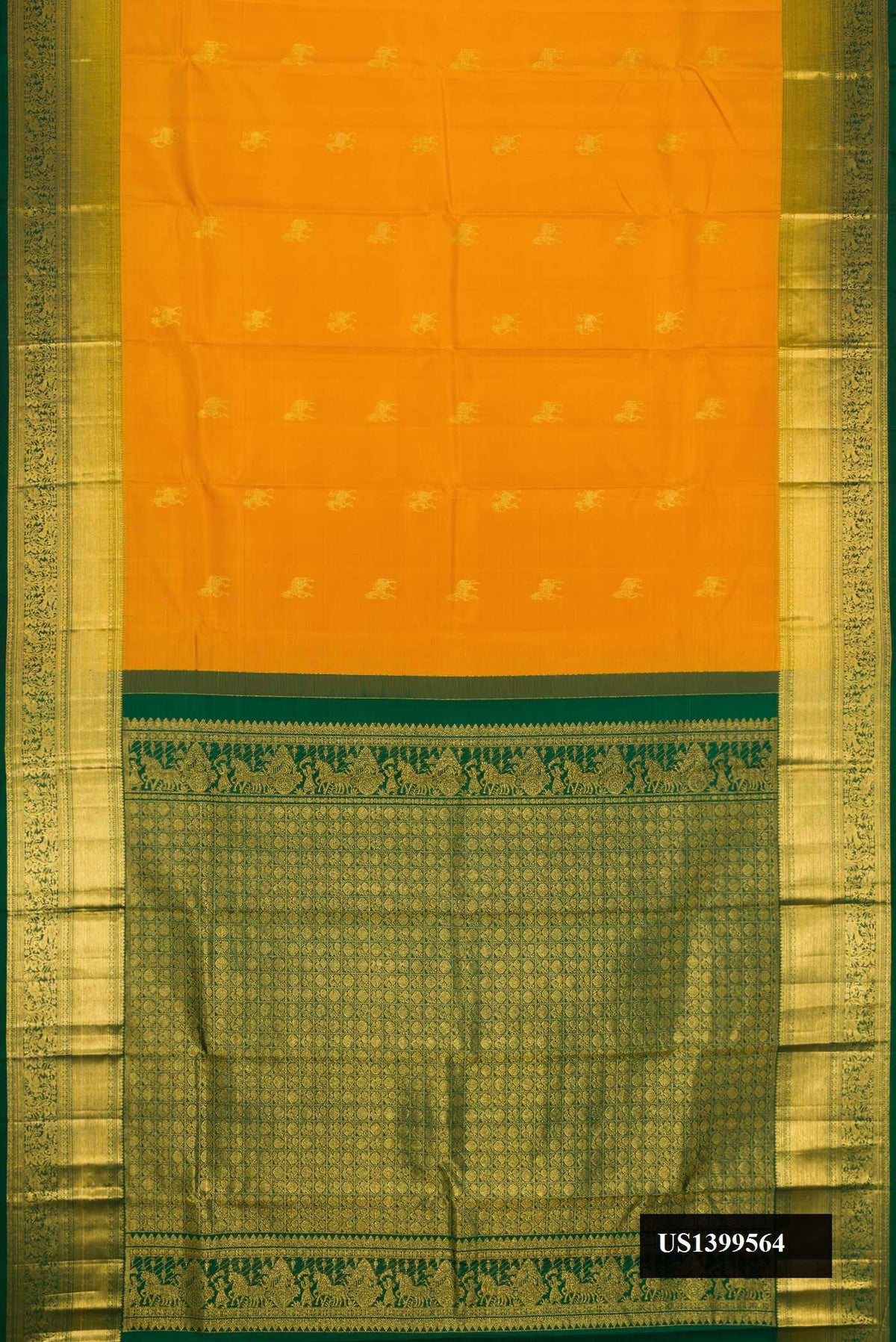 Mustard Dual Tone Kanchipuram Silk Saree with Zari Butta on the body and Zari Border.  displayed on a mannequin