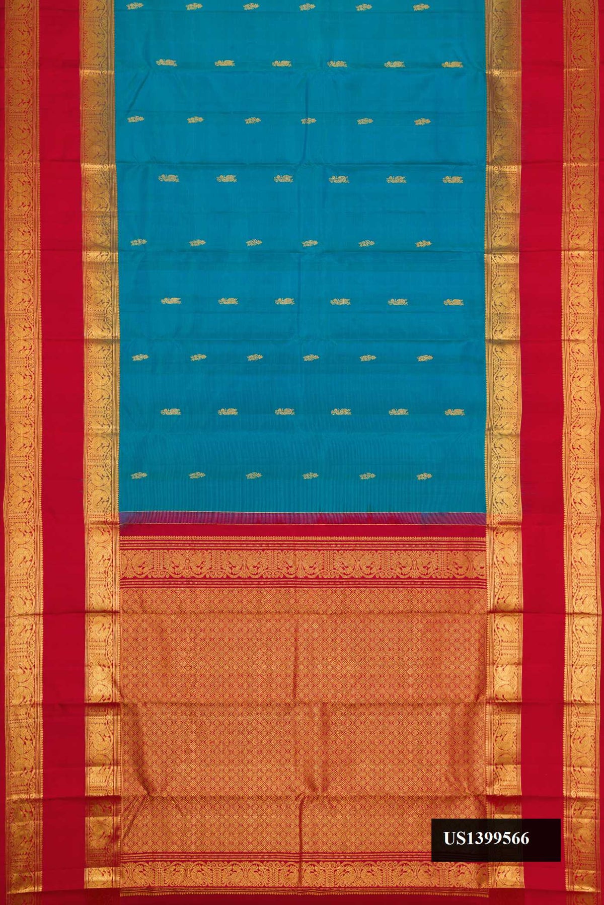 Peacock Blue Dual Tone Kanchipuram Silk Saree with Zari Butta on the body and Zari Border.  displayed on a mannequin