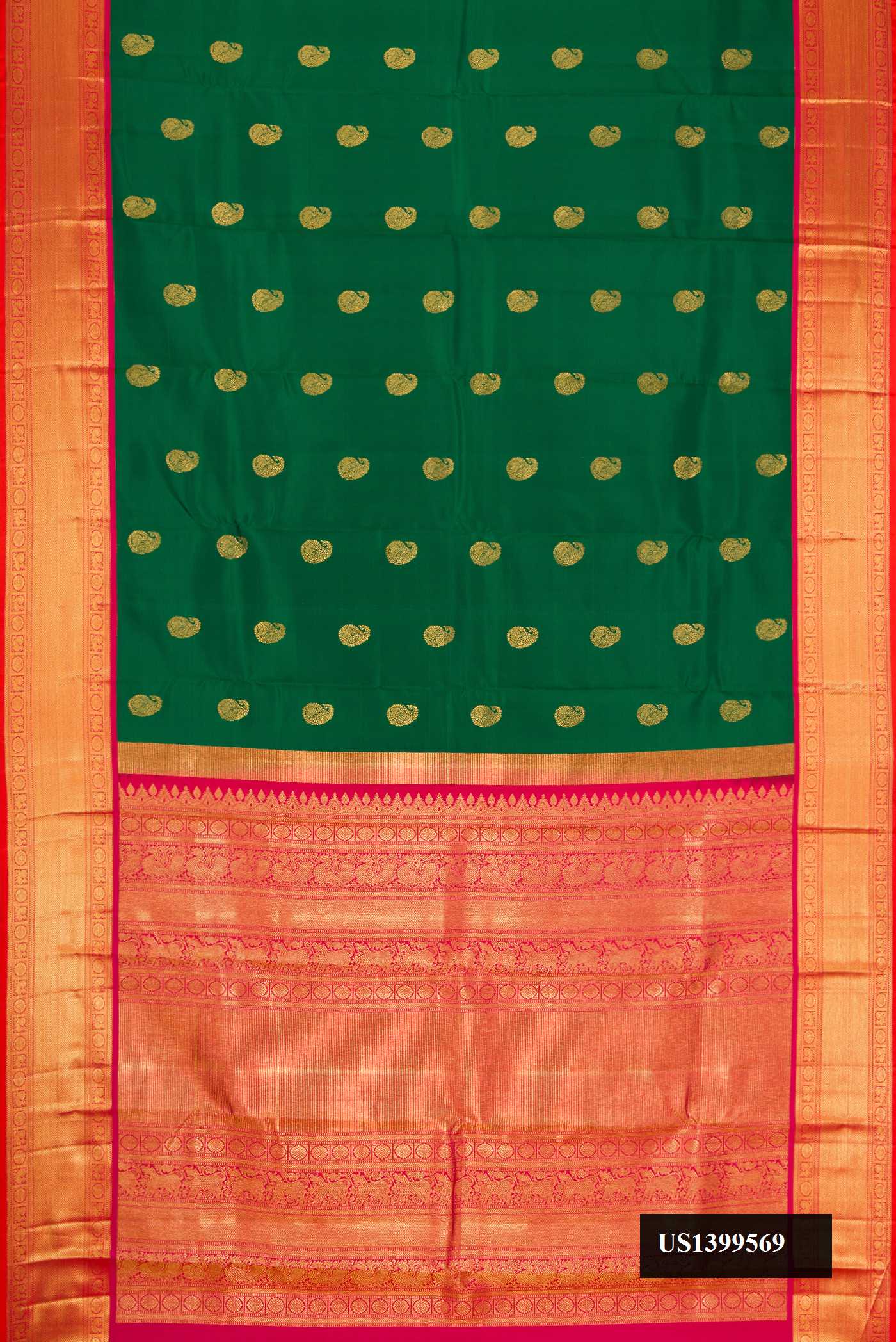 Bottle Green Dual Tone Kanchipuram Silk Saree with Zari Butta on the body and Zari Border.  displayed on a mannequin