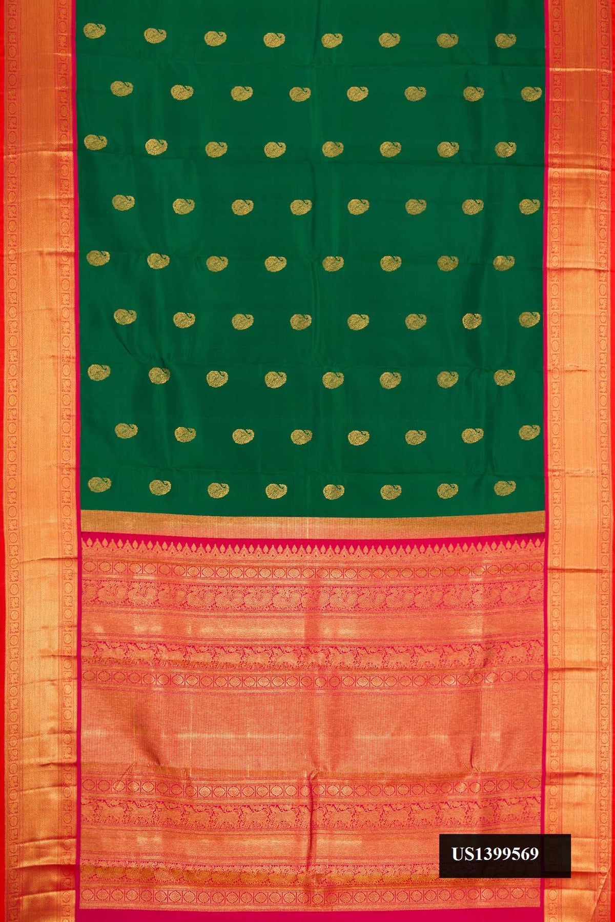 Bottle Green Dual Tone Kanchipuram Silk Saree with Zari Butta on the body and Zari Border.  displayed on a mannequin
