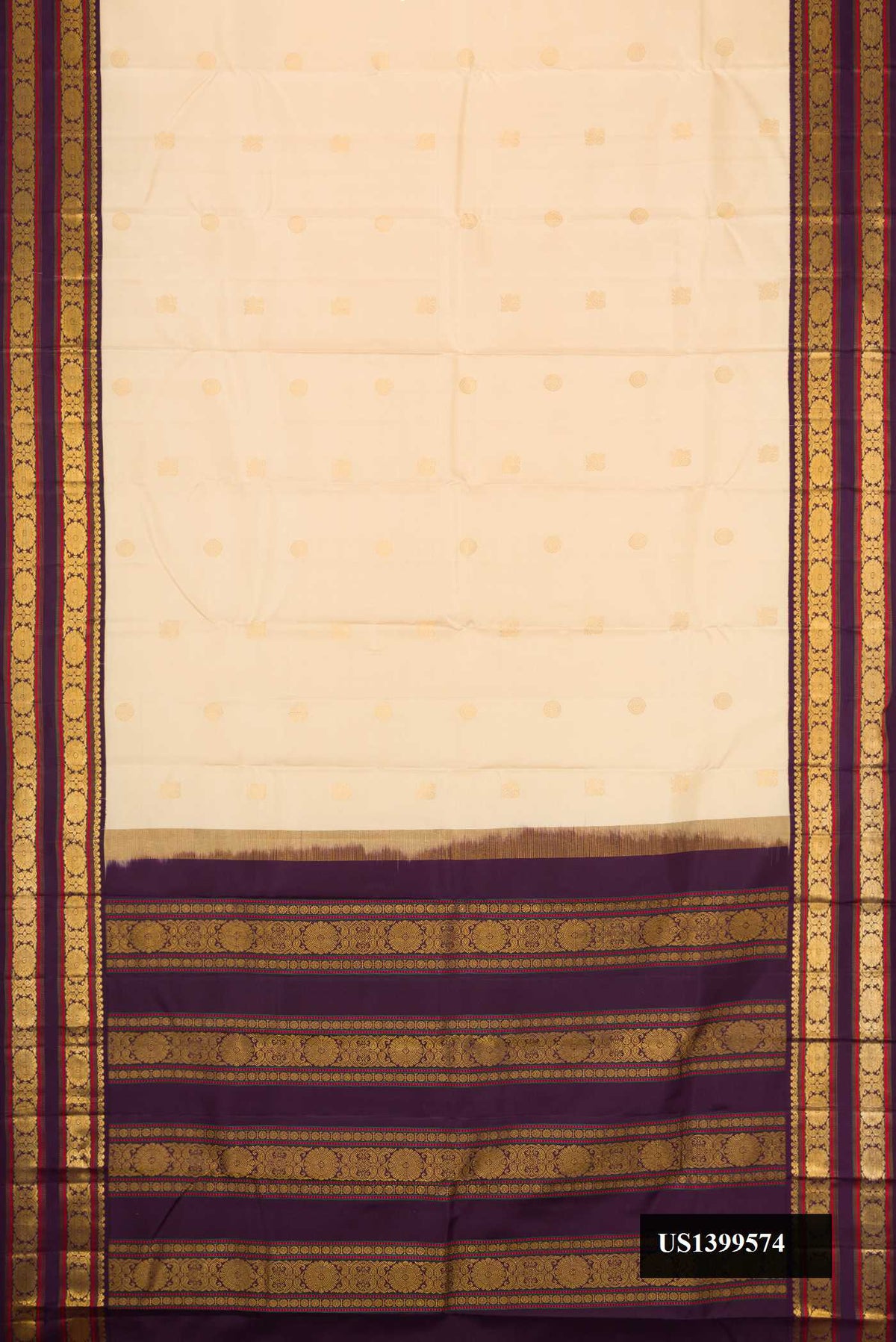 Sandal Dual Tone Kanchipuram Silk Saree with Zari Butta on the body and Zari Border.  displayed on a mannequin
