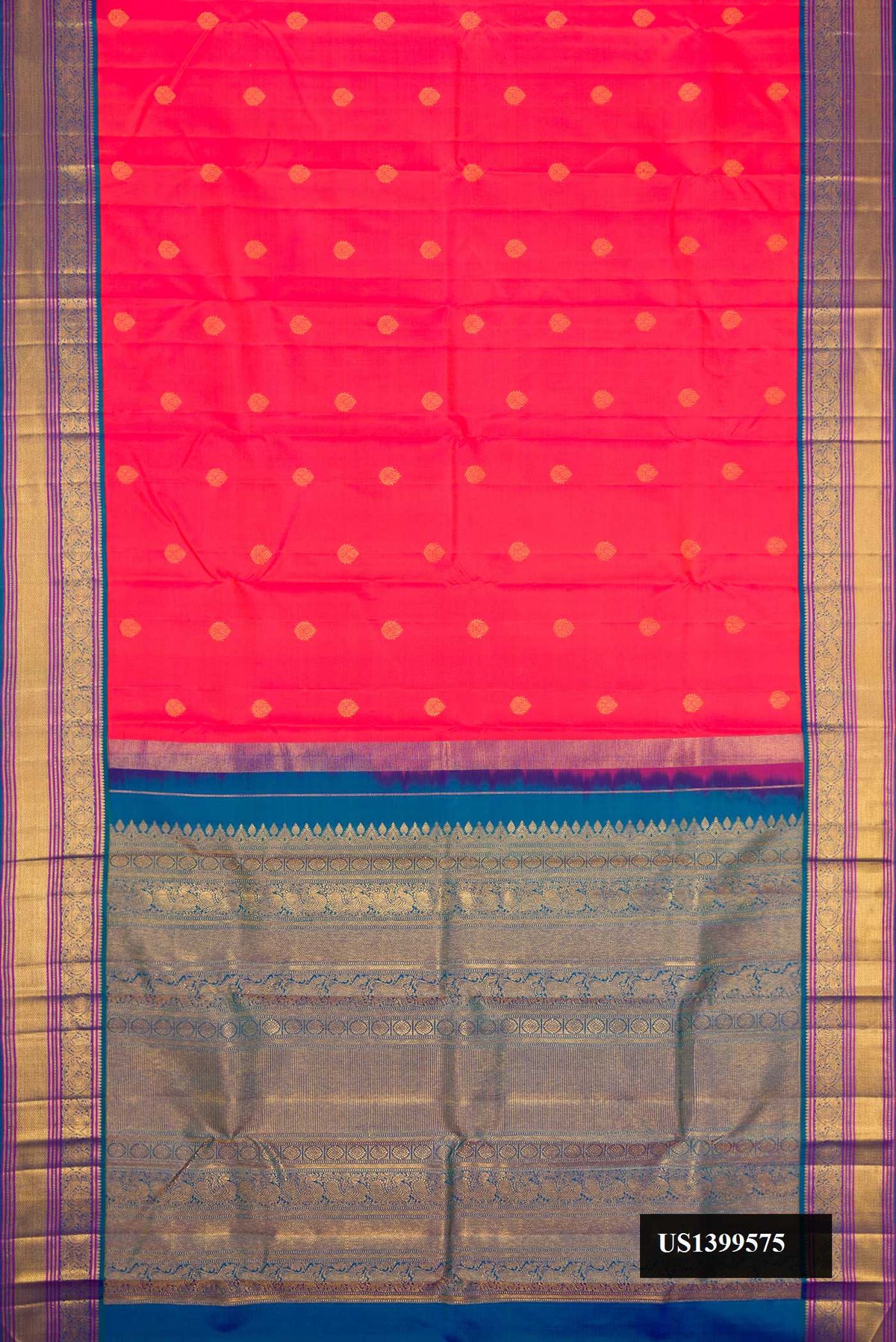 Coral Dual Tone Kanchipuram Silk Saree with Zari Butta on the body and Zari Border.  displayed on a mannequin