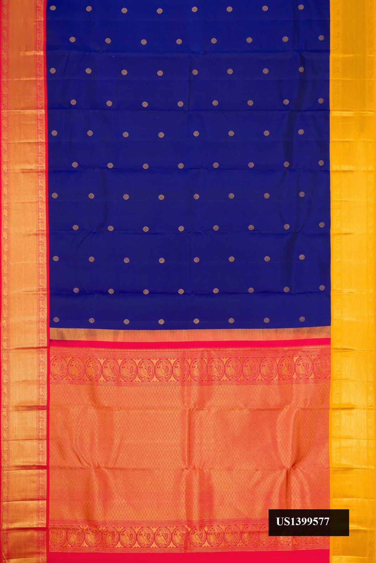 Royal Blue Dual Tone Kanchipuram Silk Saree with Zari Butta on the body and Ganga Jamuna Border.  displayed on a mannequin