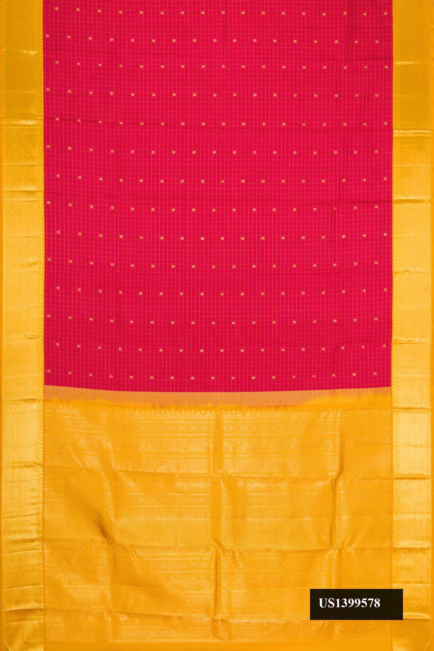Dark Pink Dual Tone Kanchipuram Silk Saree with Checked design on the body and Zari Border.  displayed on a mannequin