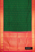 Bottle Green Dual Tone Kanchipuram Silk Saree with Checked design on the body and Zari Border.  displayed on a mannequin