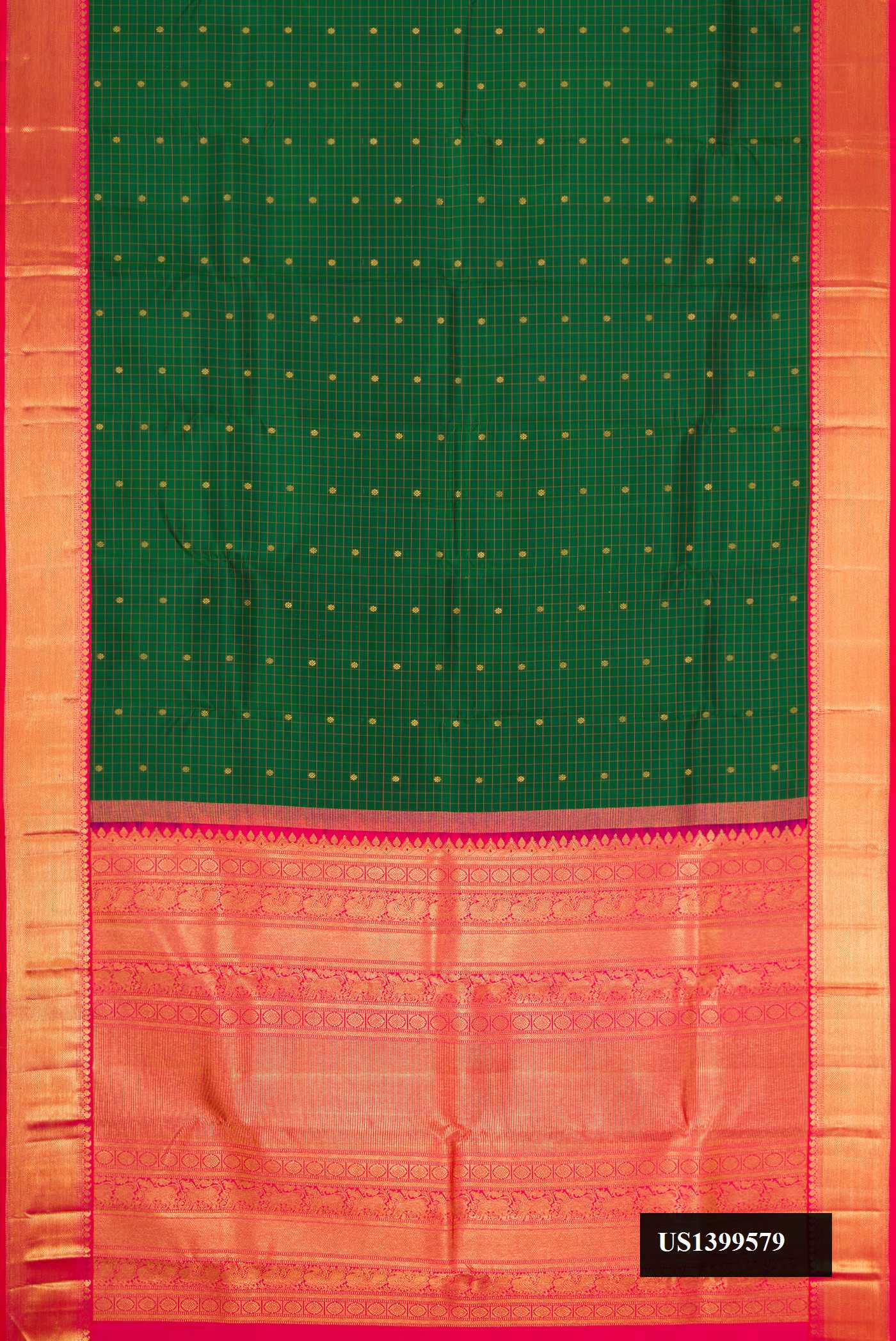 Bottle Green Dual Tone Kanchipuram Silk Saree with Checked design on the body and Zari Border.  displayed on a mannequin