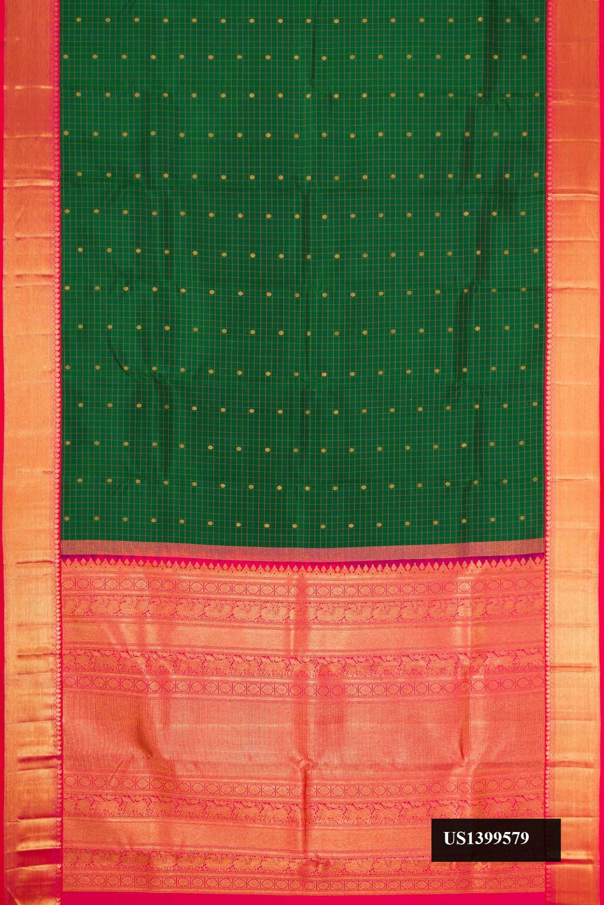 Bottle Green Dual Tone Kanchipuram Silk Saree with Checked design on the body and Zari Border.  displayed on a mannequin