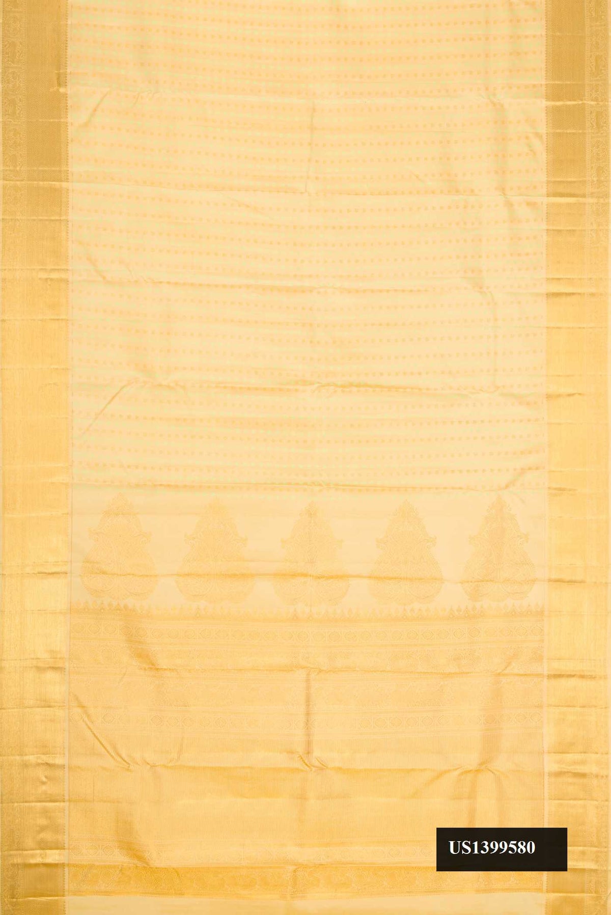 Sandal Dual Tone Kanchipuram Silk Saree with Stripes on the body and Zari Border.  displayed on a mannequin