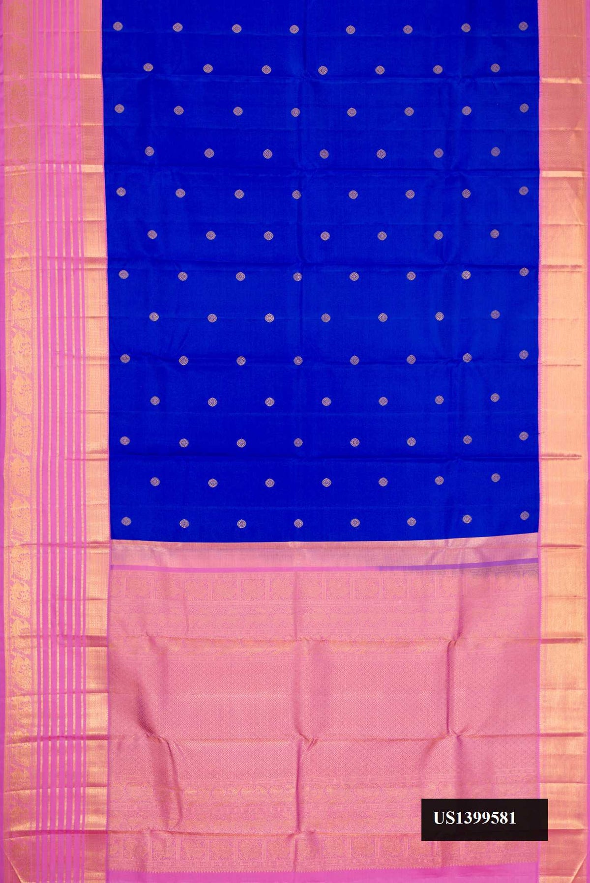 Royal Blue Dual Tone Kanchipuram Silk Saree with Zari Butta on the body and Zari Border.  displayed on a mannequin